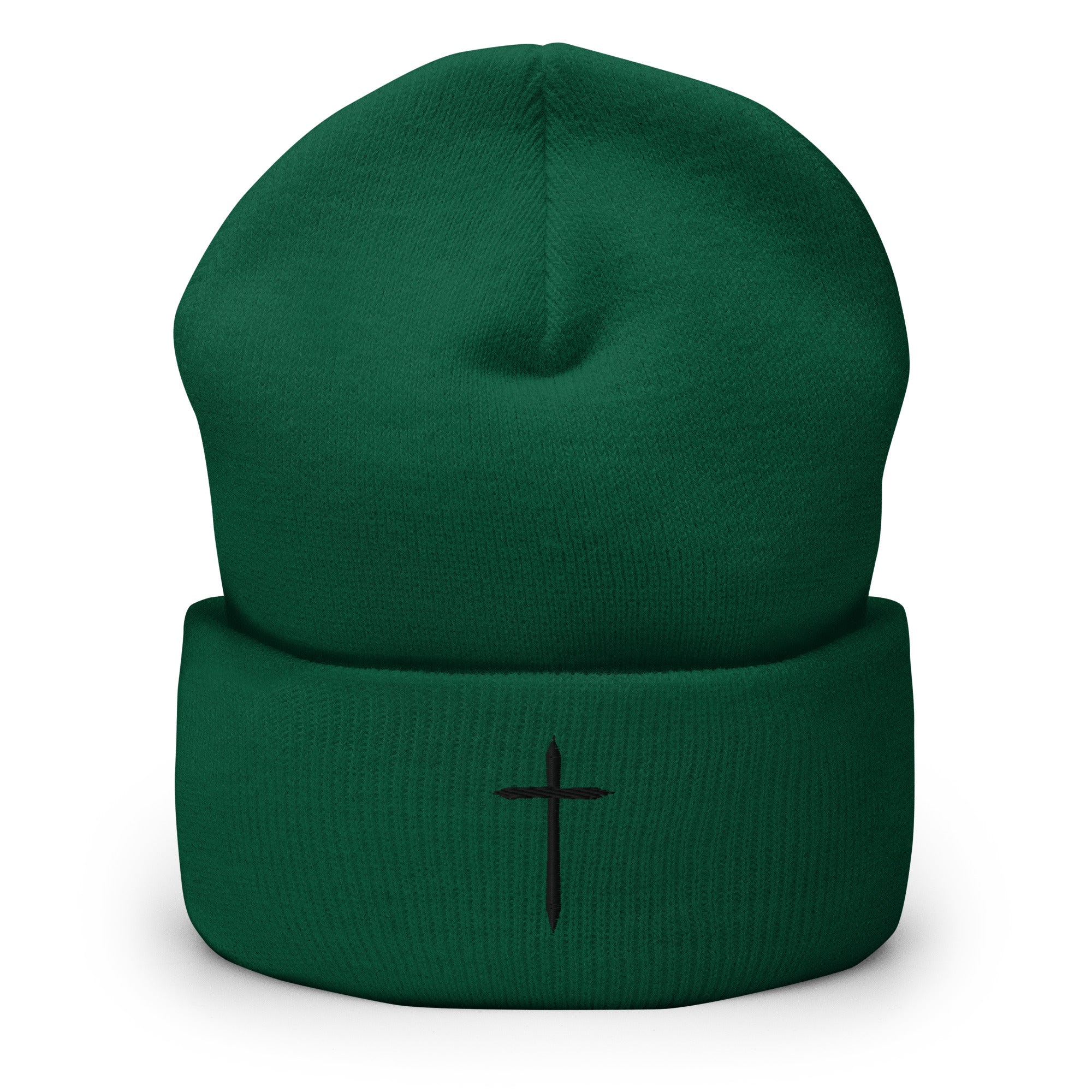 emerald cuffed beanie with black cross embroidered on the front 