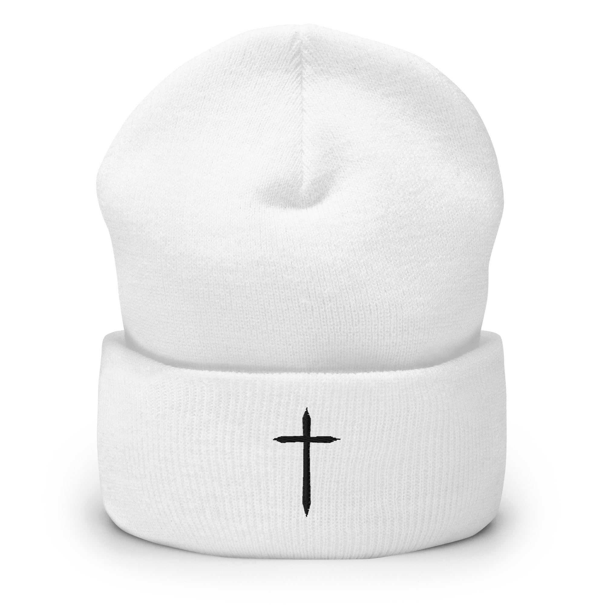 white cuffed beanie with black cross embroidered on the front 