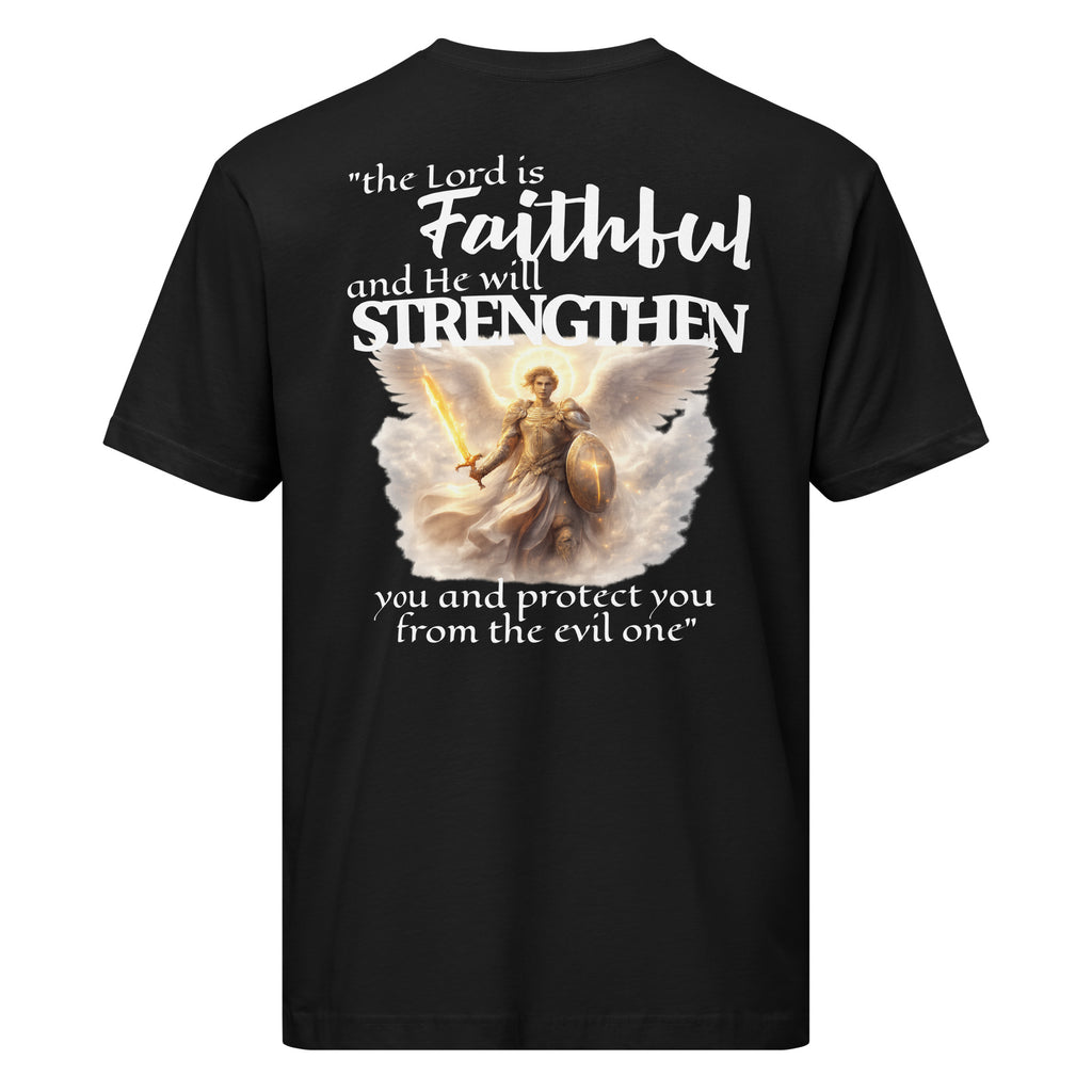 Black t-shirt with an angel graphic and scripture text that reads, "the Lord is faithful, and He will strengthen you and protect you from the evil one." on a white background