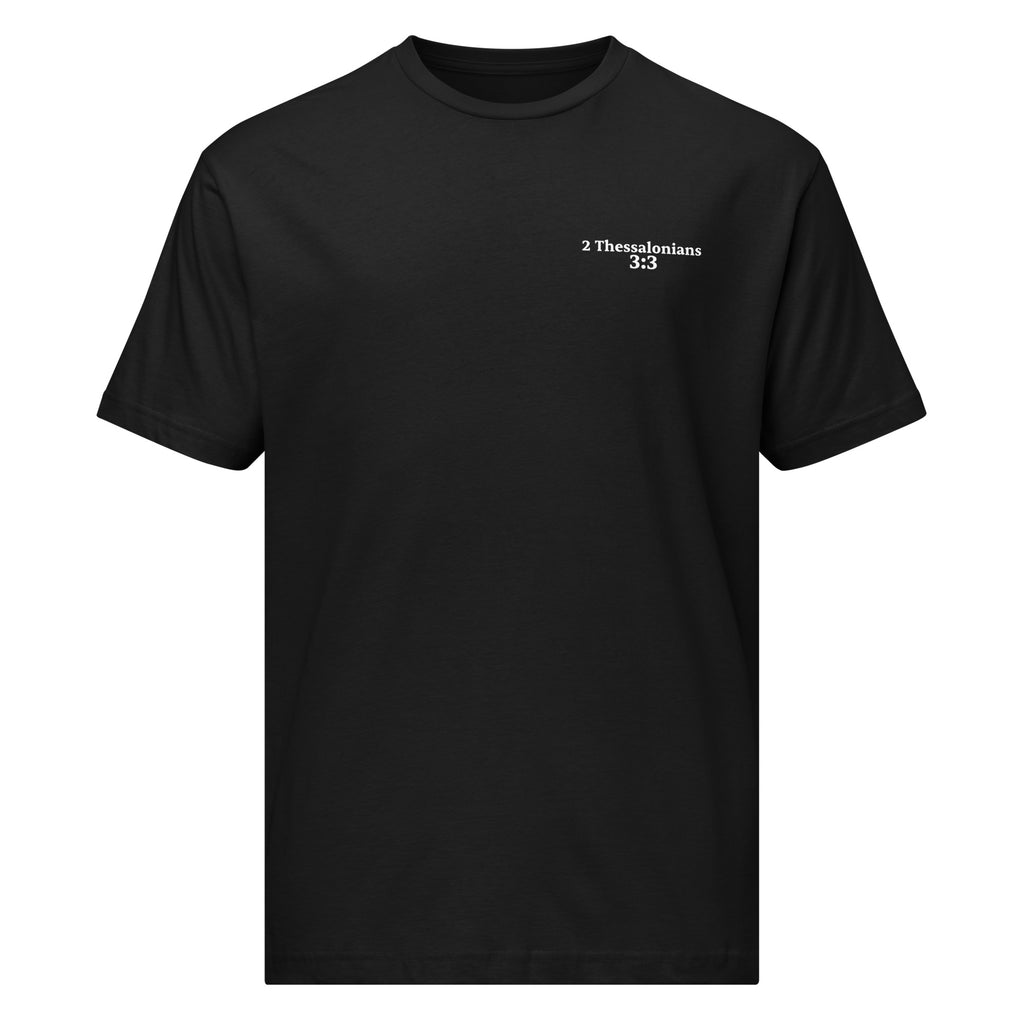 Black t-shirt with '2 Thessalonians 3:3' text on a white background