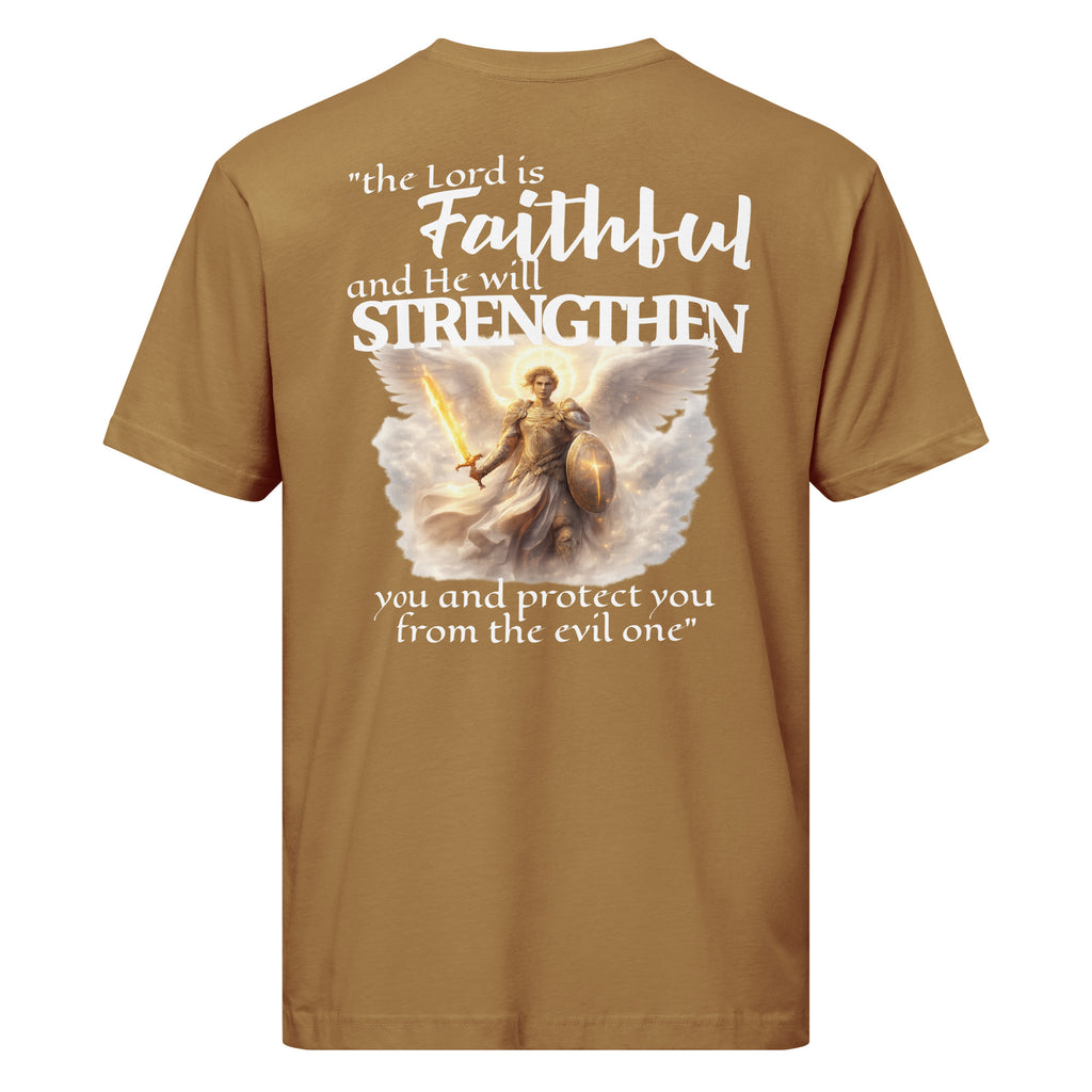 brown t-shirt with an angel graphic and scripture text that reads, "the Lord is faithful, and He will strengthen you and protect you from the evil one." on a white background