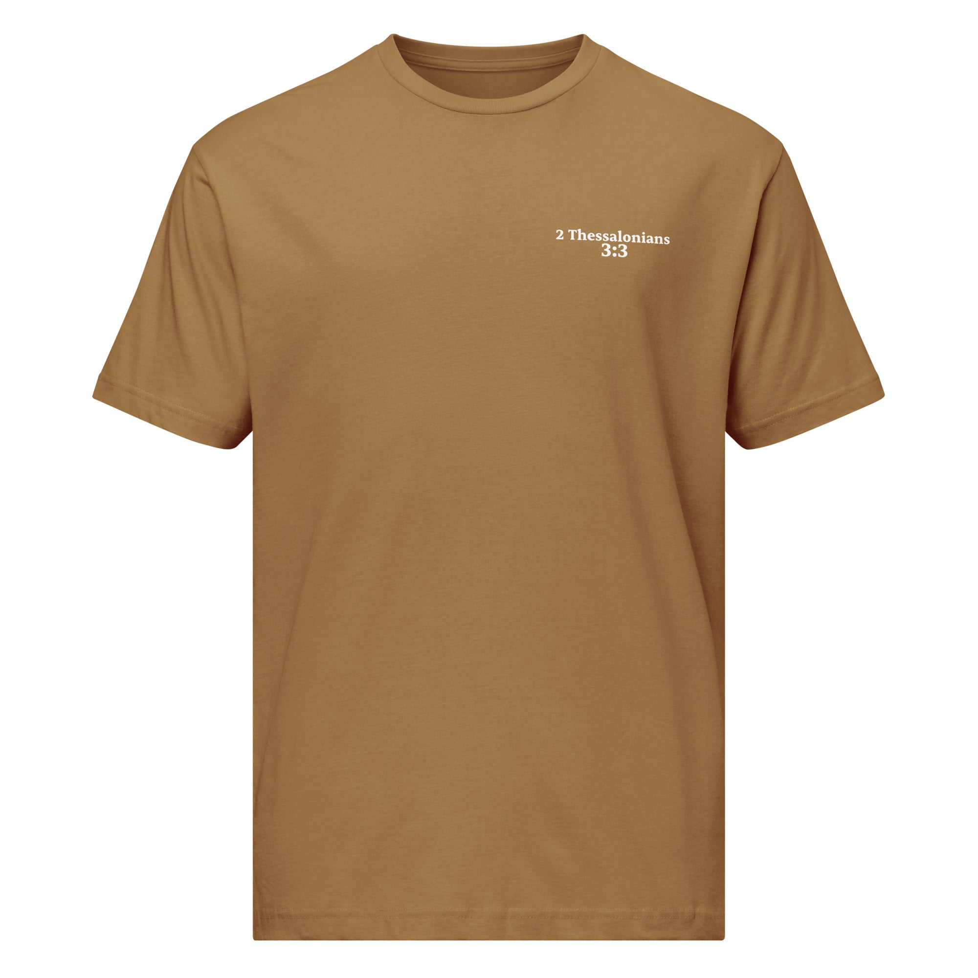 Brown t-shirt with '2 Thessalonians 3:3' text on a white background