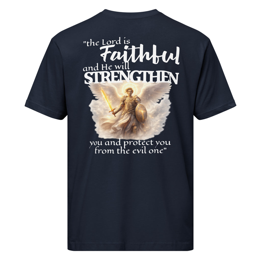 navy blue t-shirt with an angel graphic and scripture text that reads, "the Lord is faithful, and He will strengthen you and protect you from the evil one." on a white background
