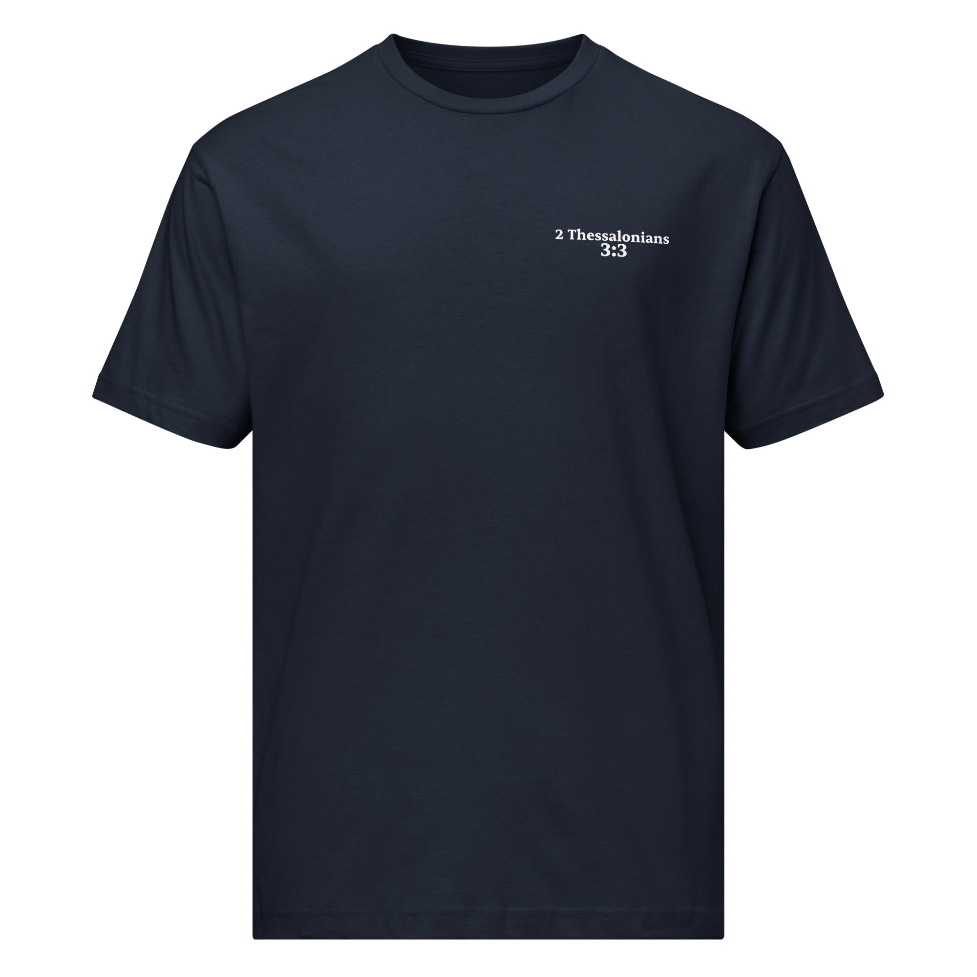 navy blue t-shirt with '2 Thessalonians 3:3' text on a white background