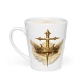 white ceramic Christian mug featuring a detailed gold cross and jeweled crown design with angel wings and clouds on the front