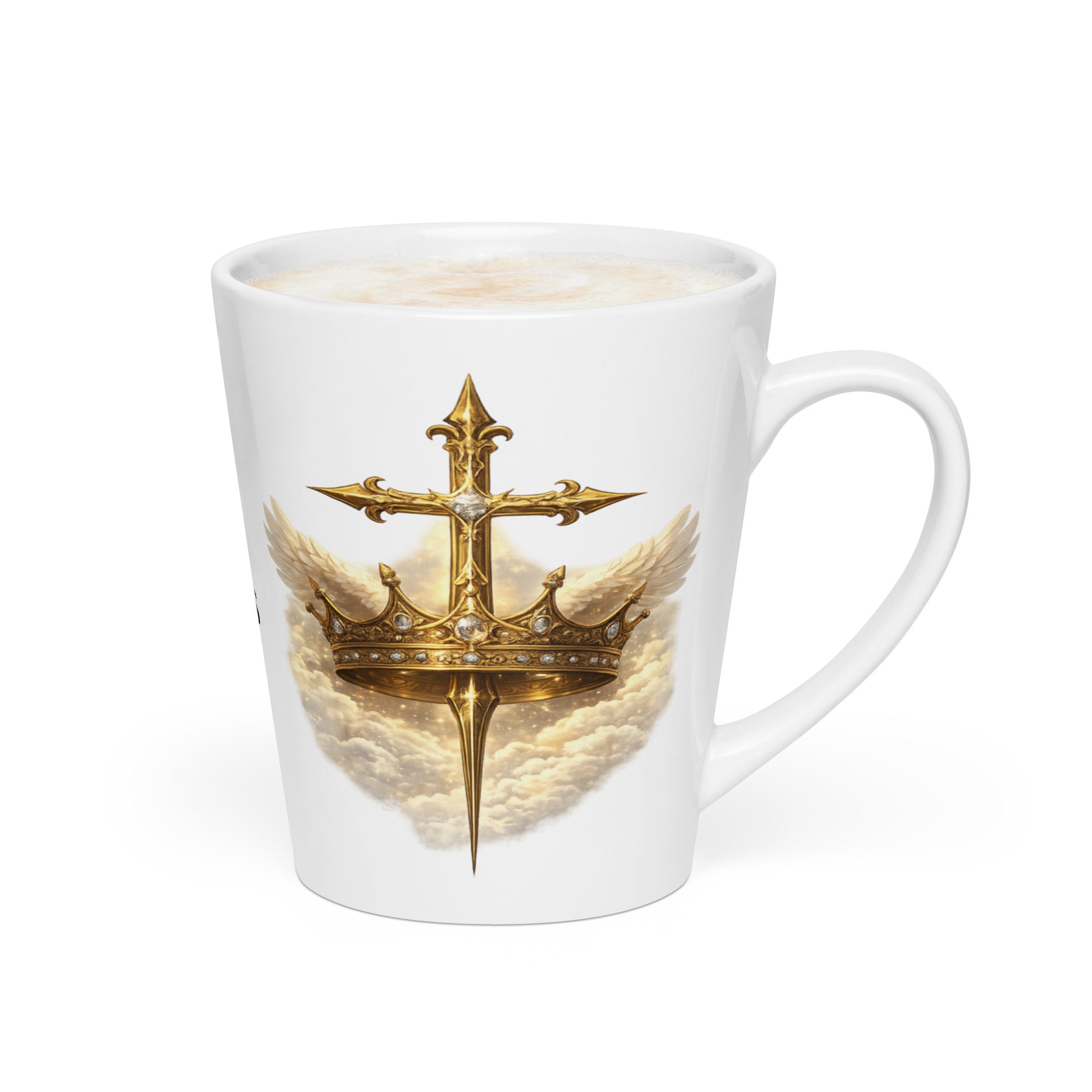 white ceramic Christian mug featuring a detailed gold cross and jeweled crown design with angel wings and clouds on the front