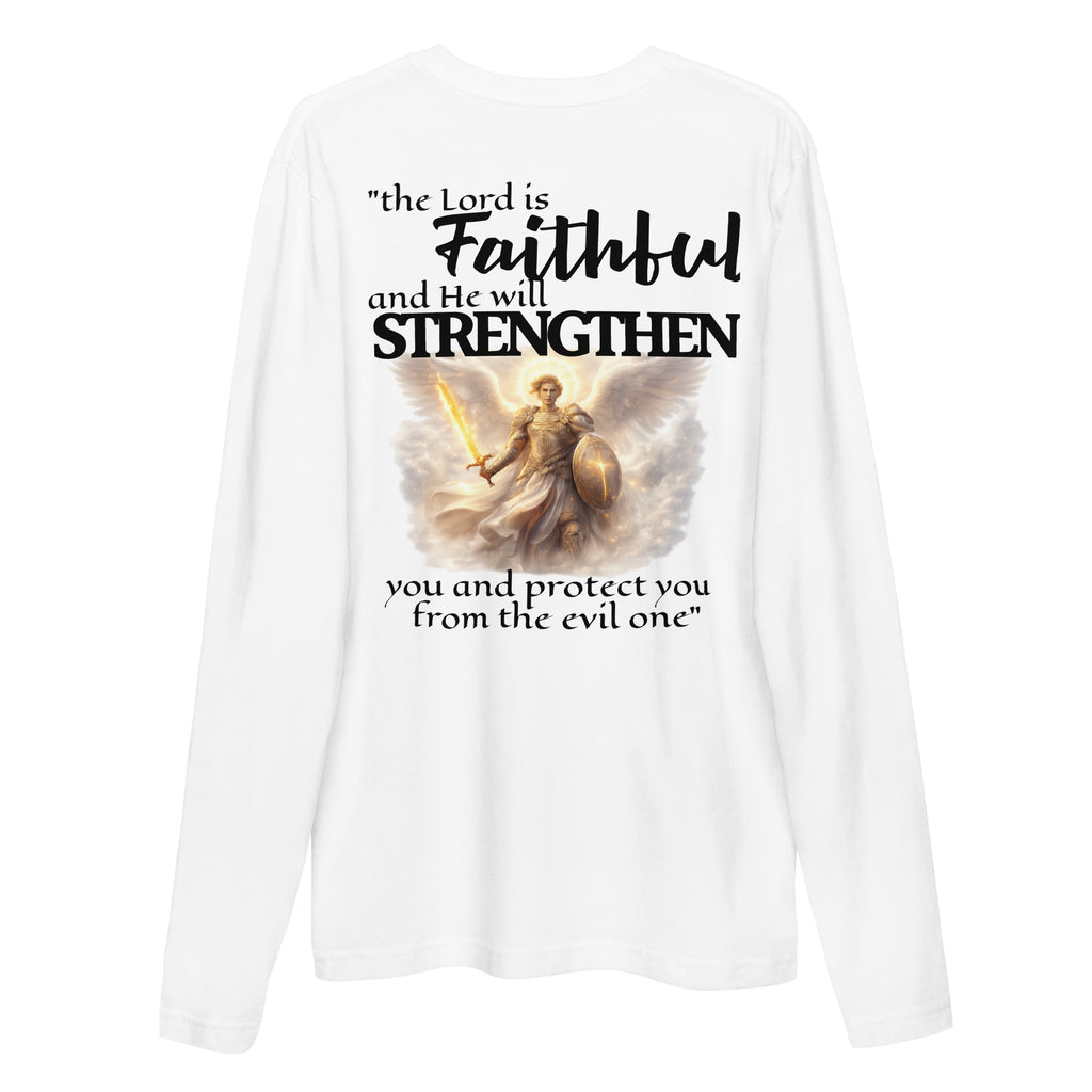 White long-sleeve shirt with an angel graphic and scripture text that reads "the Lord is faithful, and He will strengthen me and protect me from the evil one." on a white background