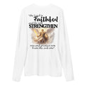 White long-sleeve shirt with an angel graphic and scripture text that reads "the Lord is faithful, and He will strengthen me and protect me from the evil one." on a white background