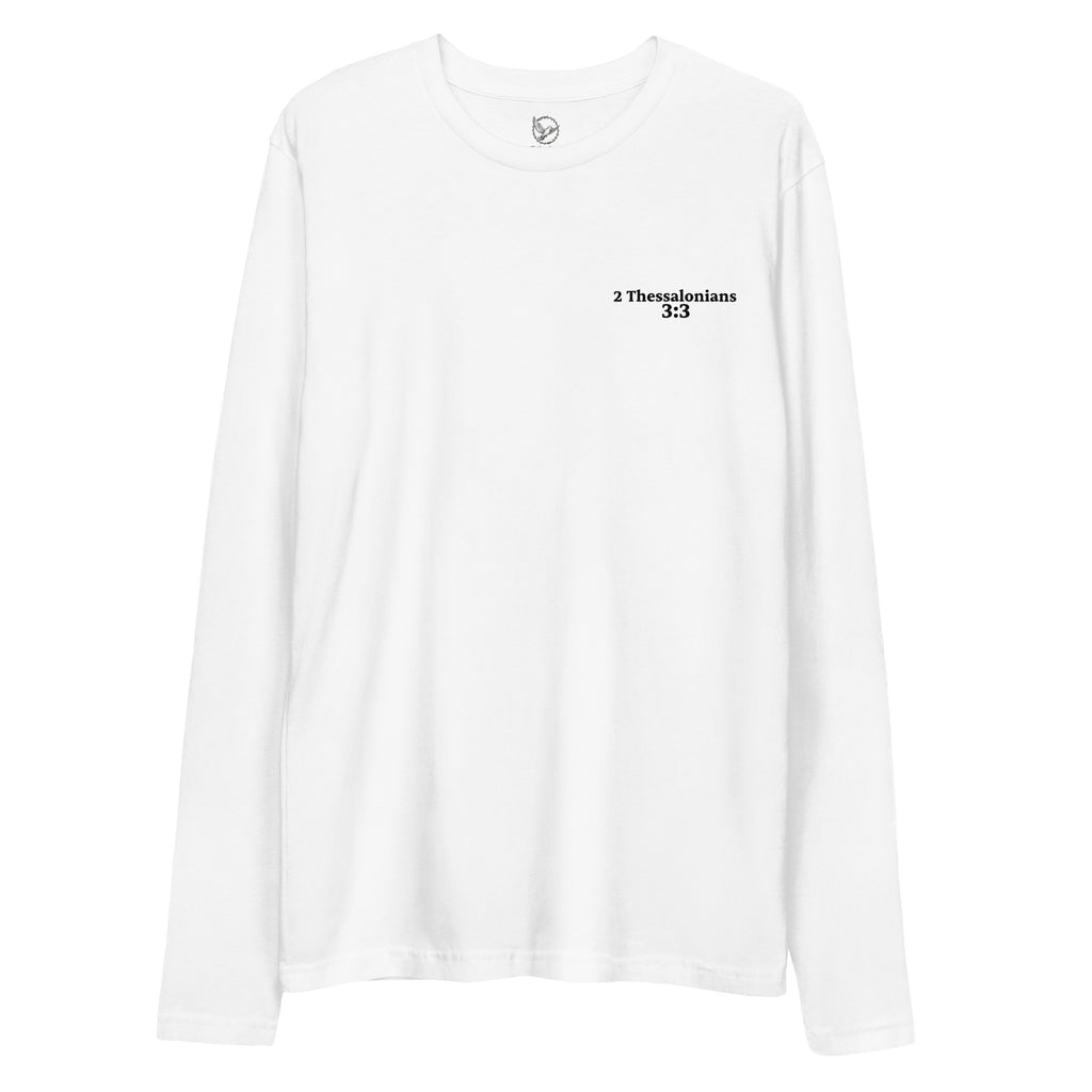 White long-sleeve shirt with text that reads "2 Thessalonians 3:3" on a white background