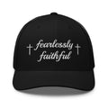 Black cap with 'fearlessly faithful' text on a white background