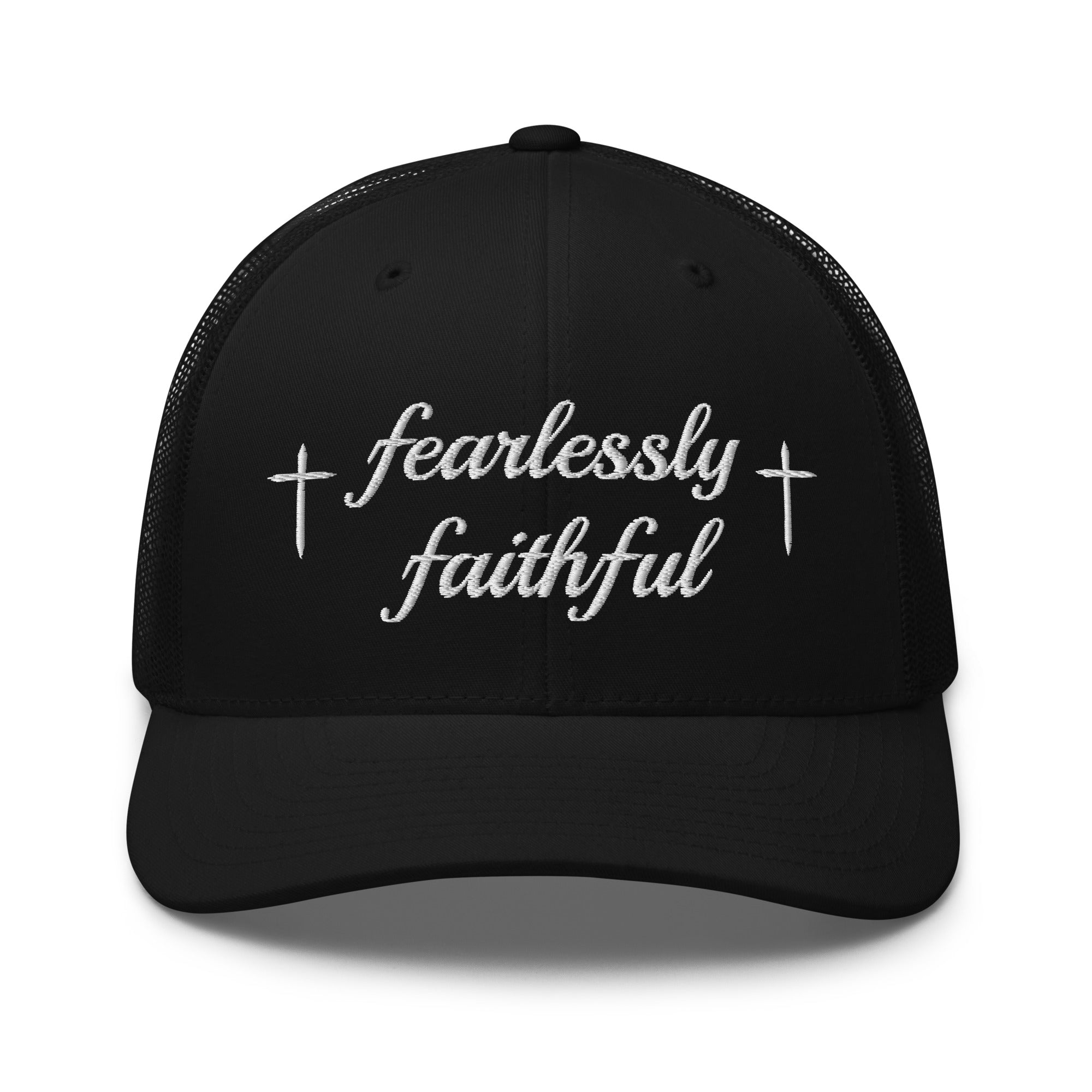 Black cap with 'fearlessly faithful' text on a white background