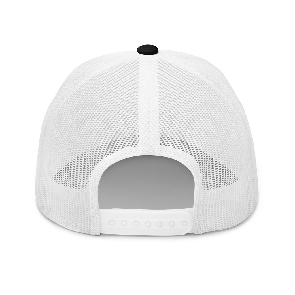 White mesh cap with a black button on a white background
