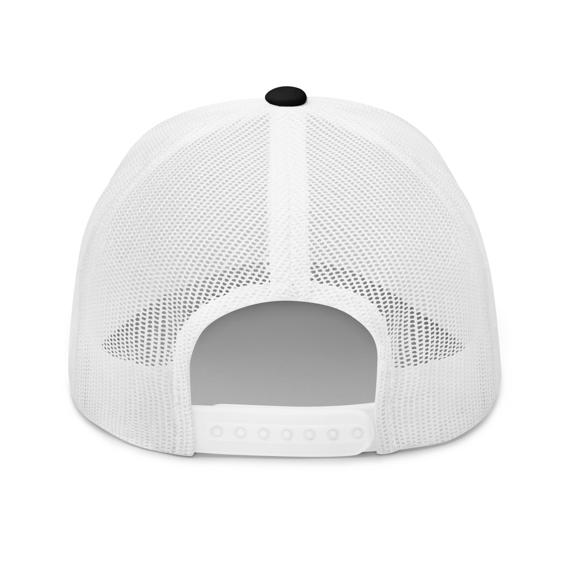 White mesh cap with a black button on a white background