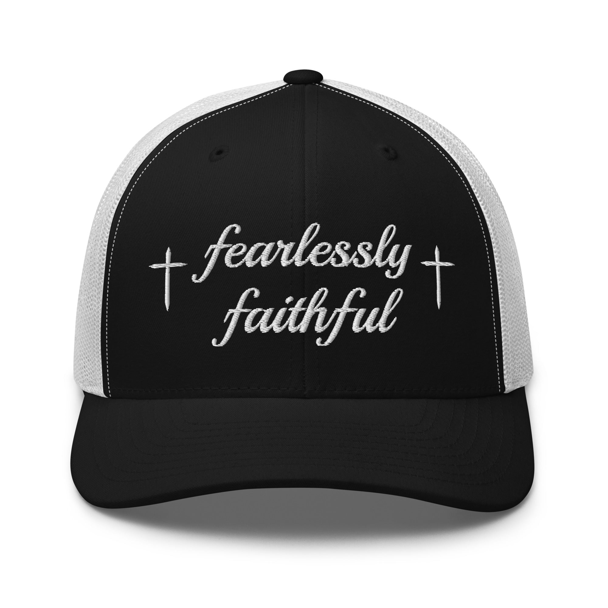 Black and white cap with 'fearlessly faithful' text on a white background