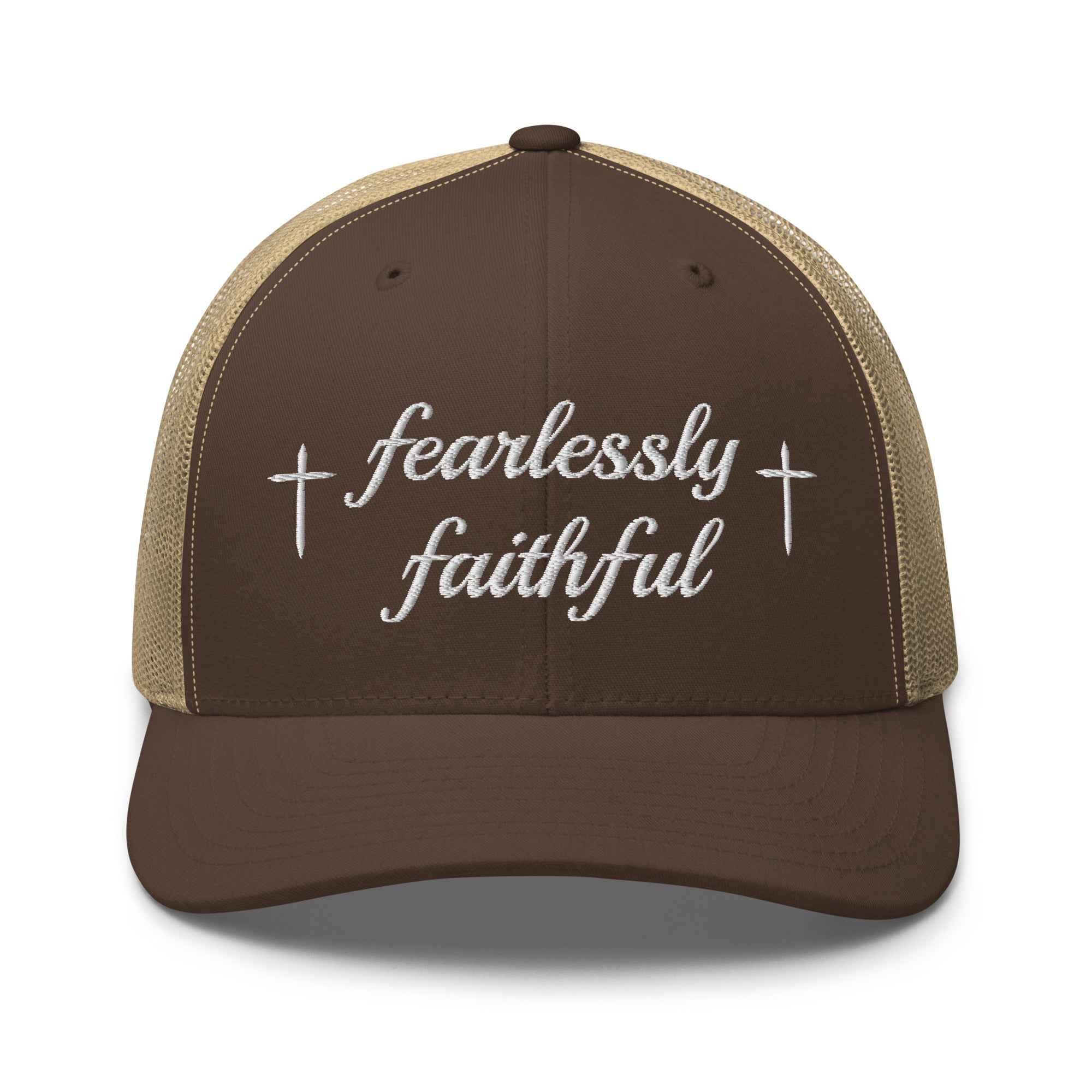Brown and beige cap with 'fearlessly faithful' text on a white background