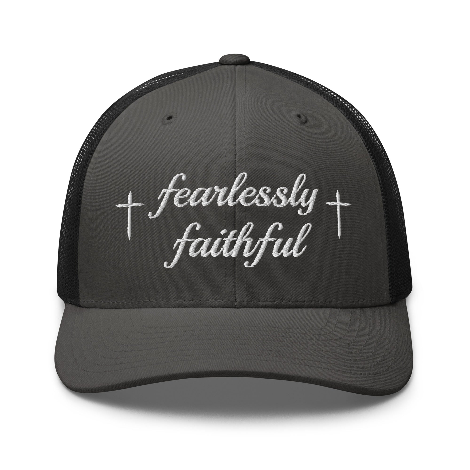 Black cap with 'fearlessly faithful' text on a white background