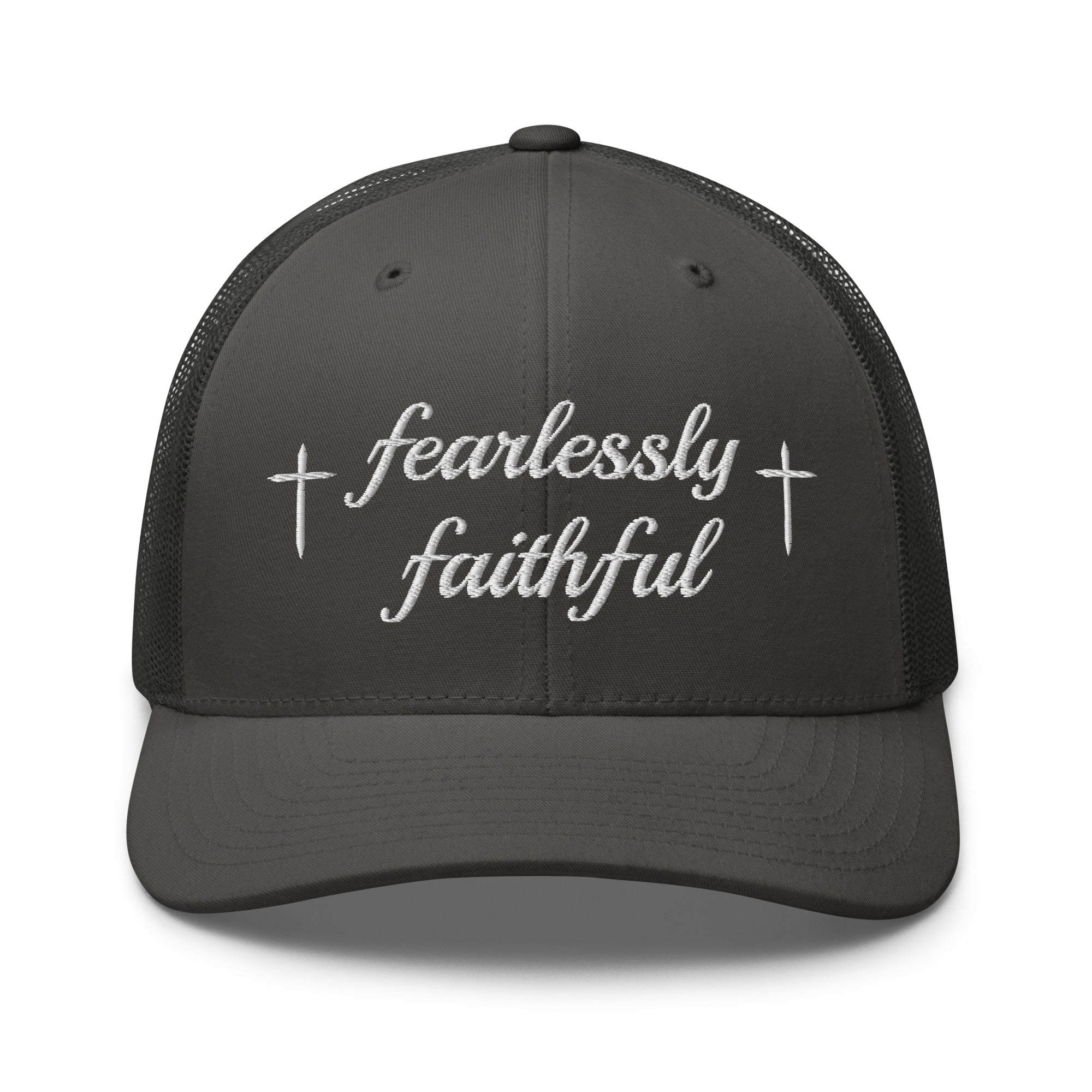 charcoal cap with 'fearlessly faithful' text on a white background