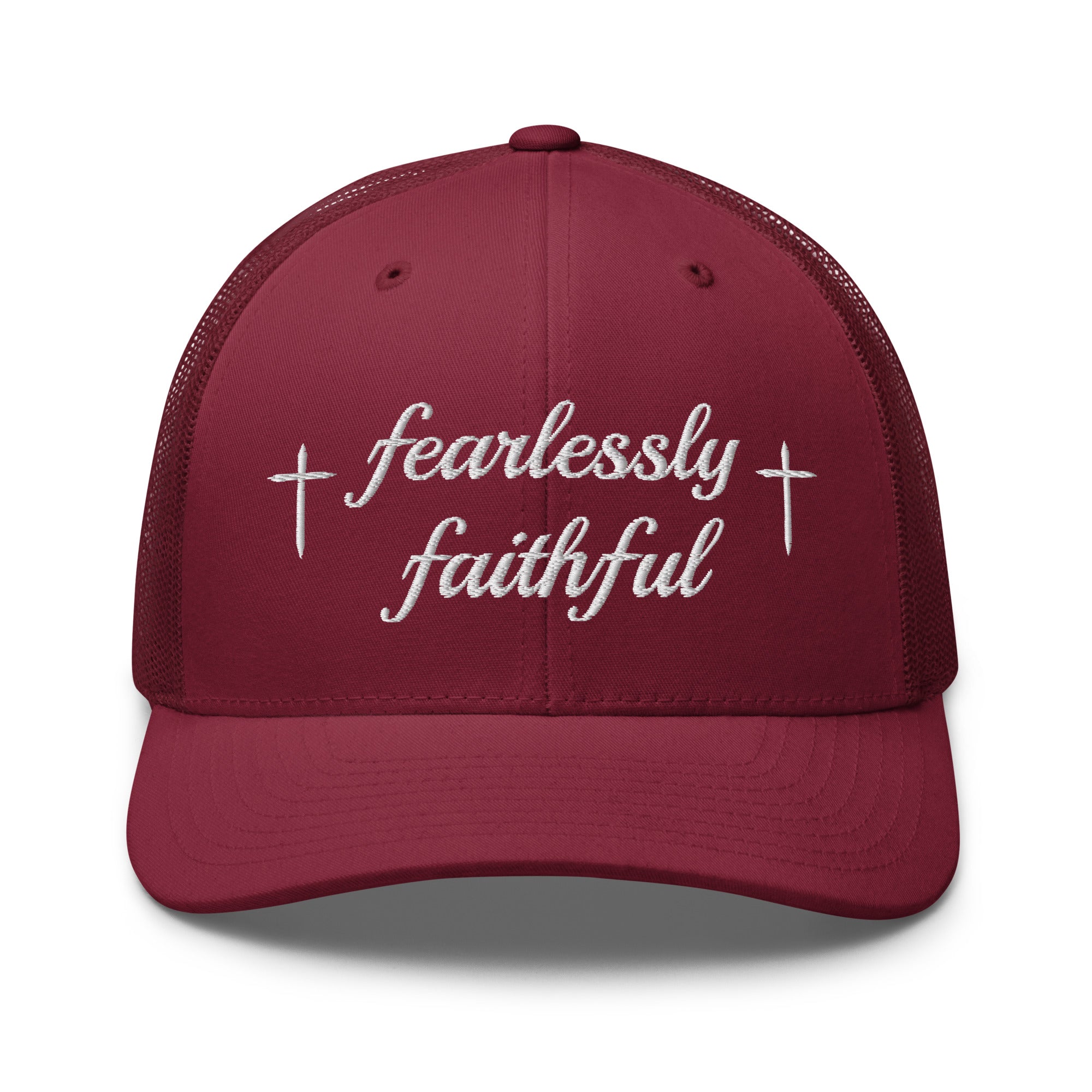 Maroon cap with 'fearlessly faithful' text on a white background