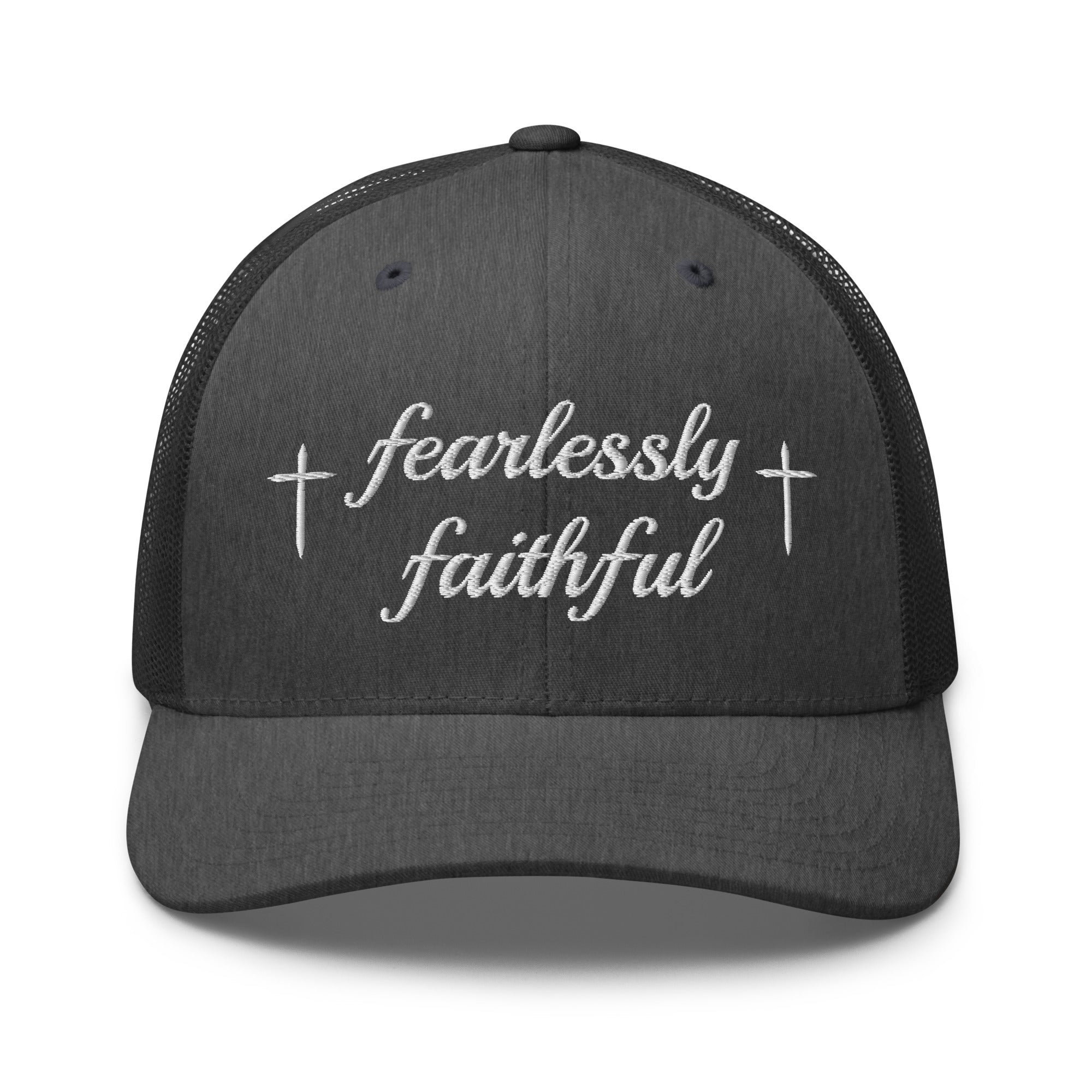 dark gray cap with 'fearlessly faithful' text on a white background