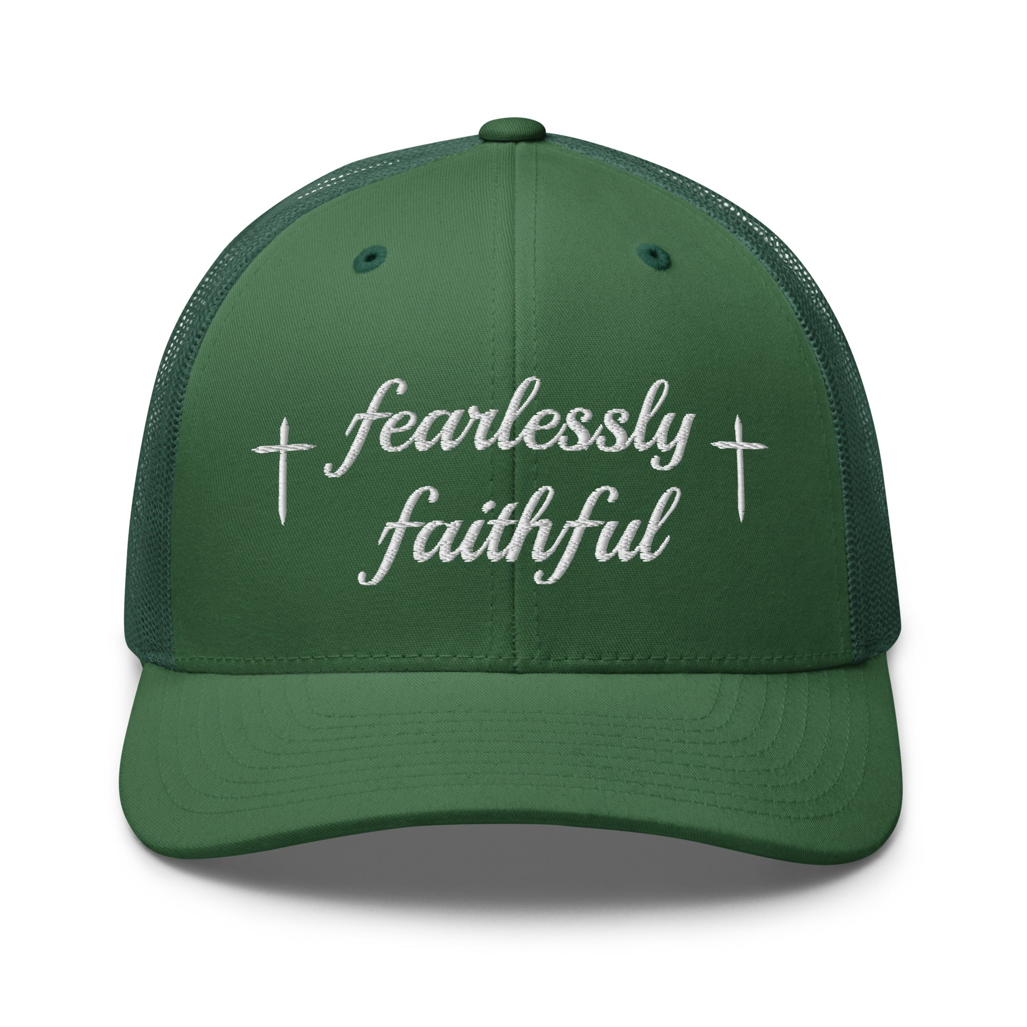 Green cap with 'fearlessly faithful' text on a white background