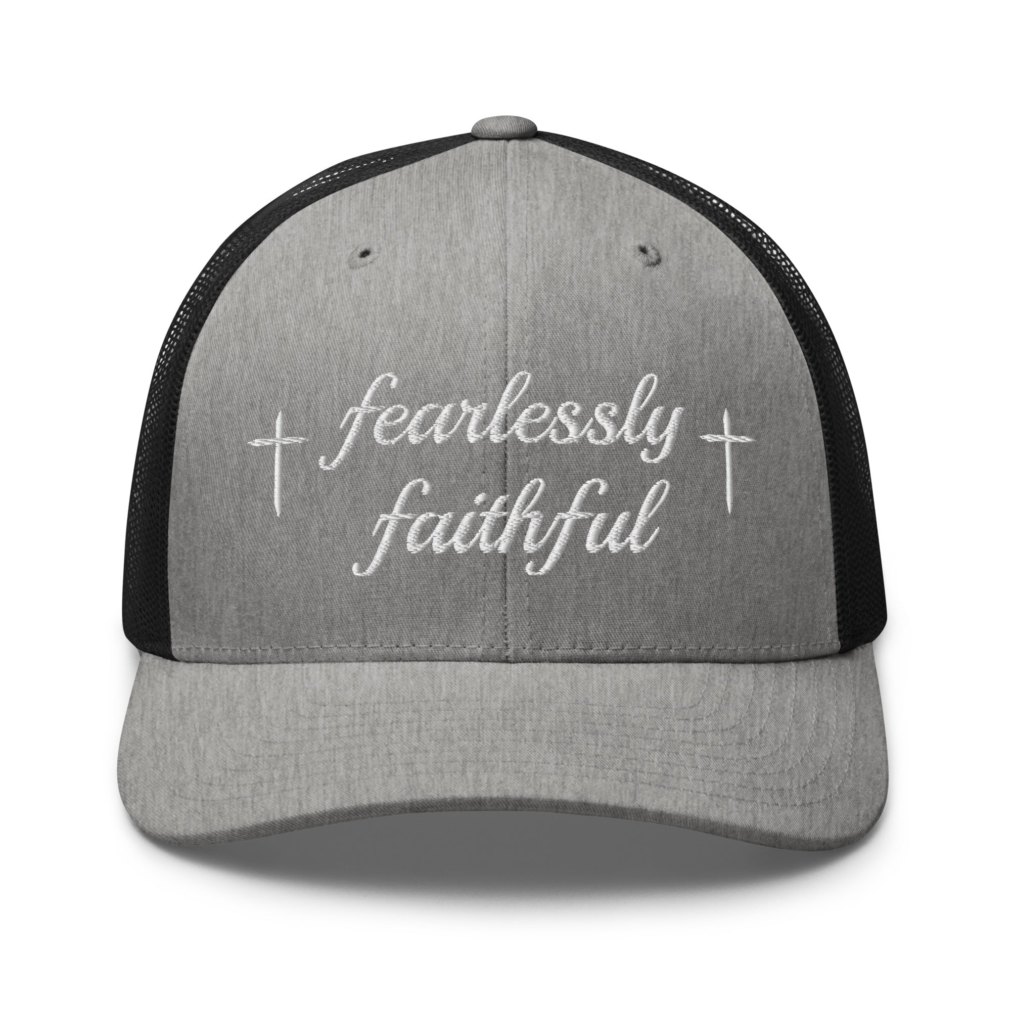 Gray and black cap with 'fearlessly faithful' text on a white background