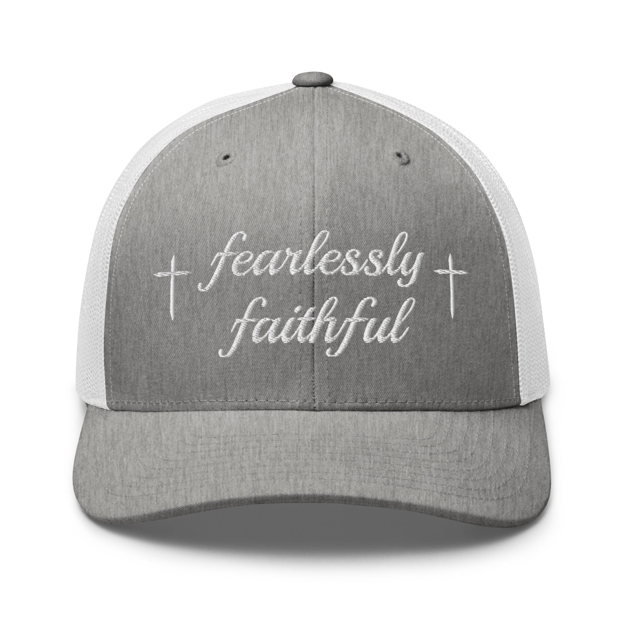 Gray and white cap with 'fearlessly faithful' text on a white background