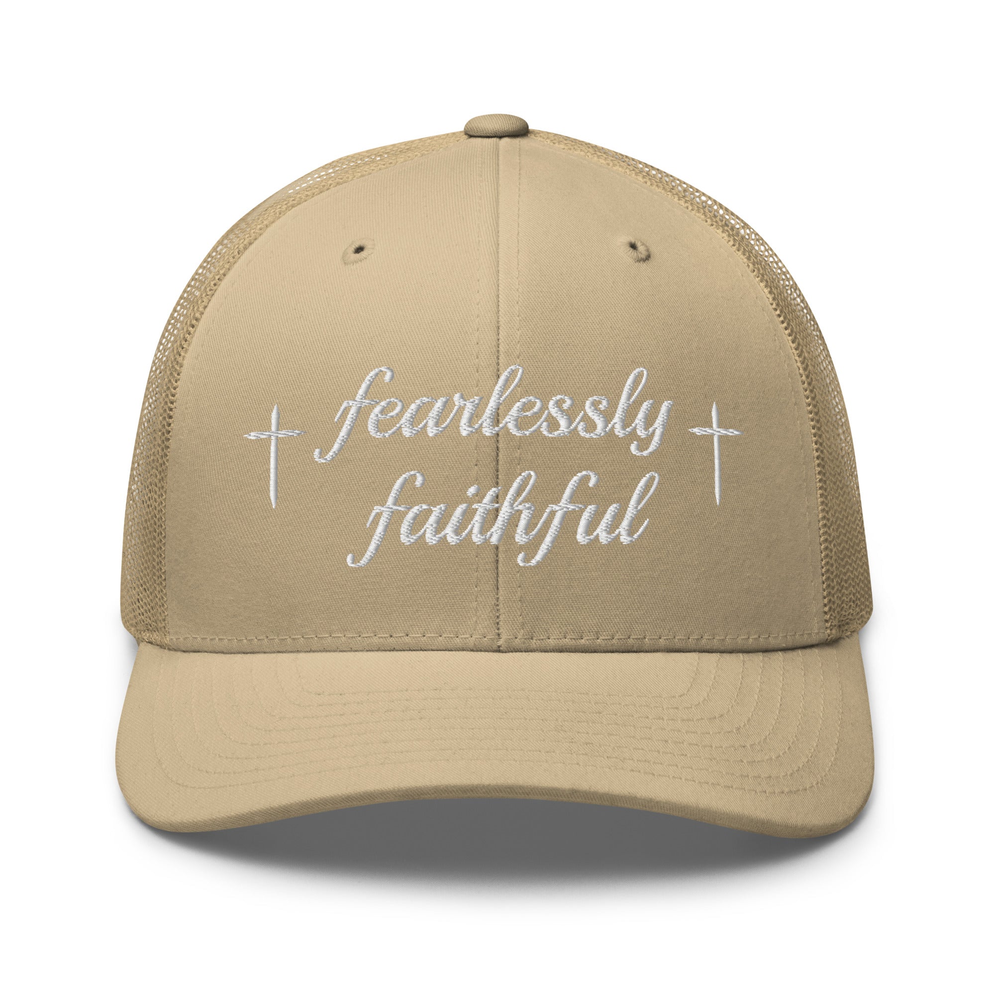 Beige cap with 'fearlessly faithful' text on a white background