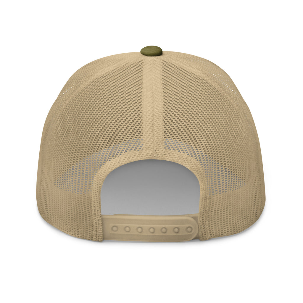 Beige mesh cap with a green button on a white background