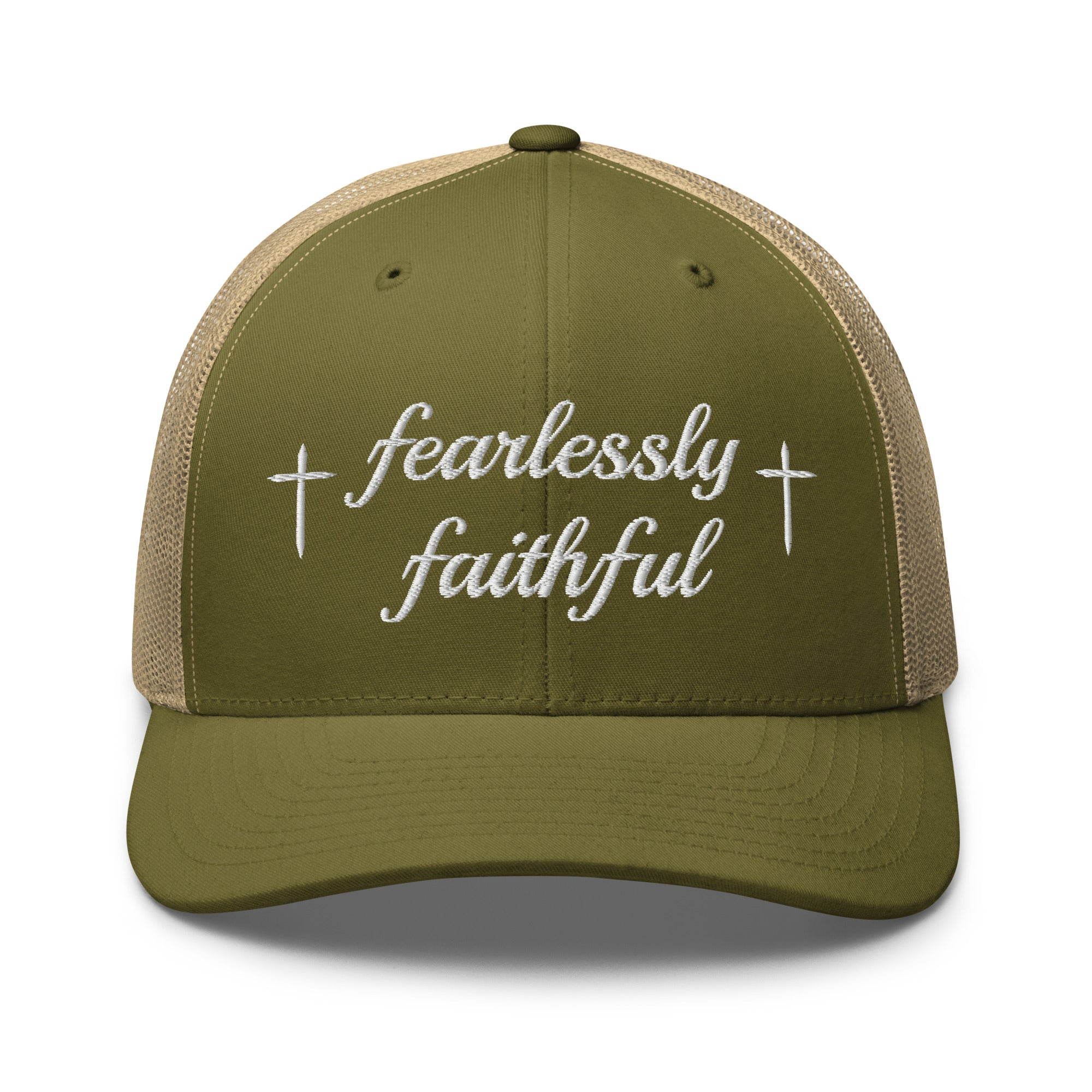 Green and beige cap with 'fearlessly faithful' text on a white background