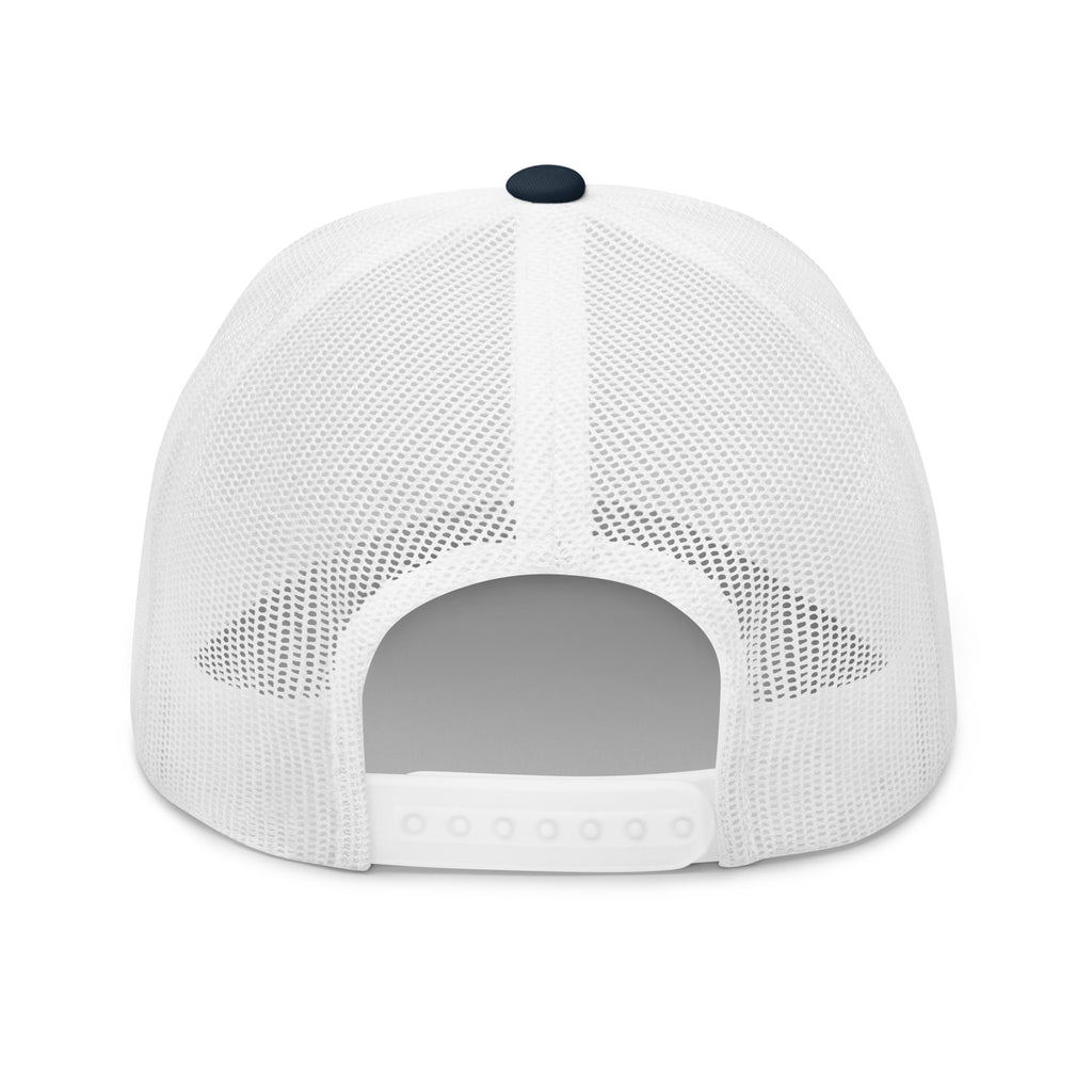 White mesh cap with a black button on a white background