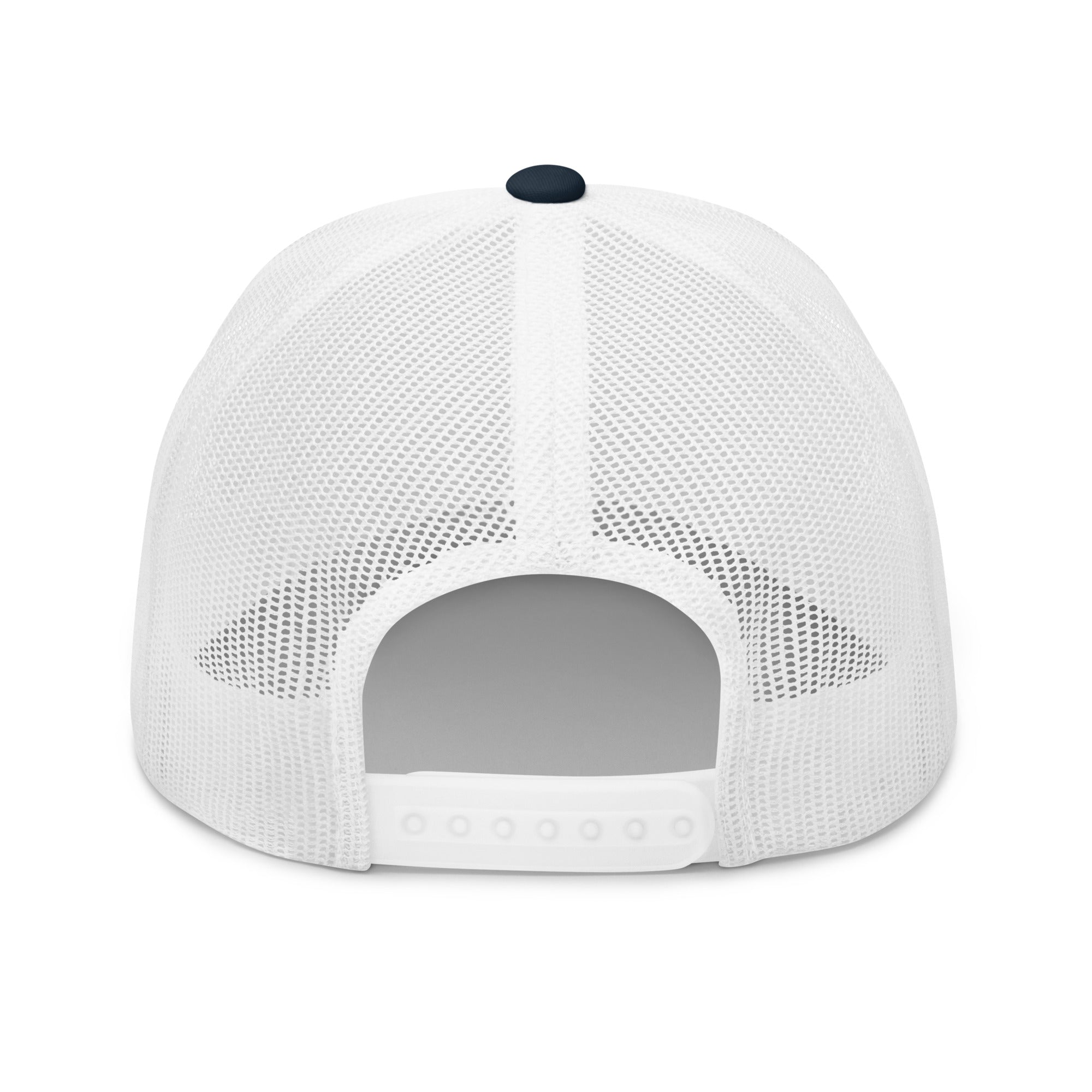 White mesh cap with a black button on a white background