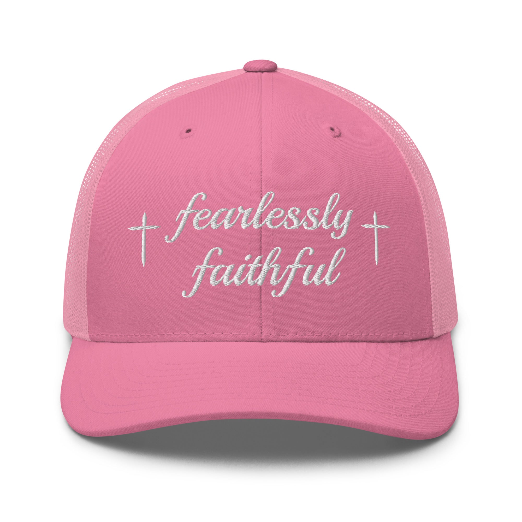 pink cap with 'fearlessly faithful' text on a white background