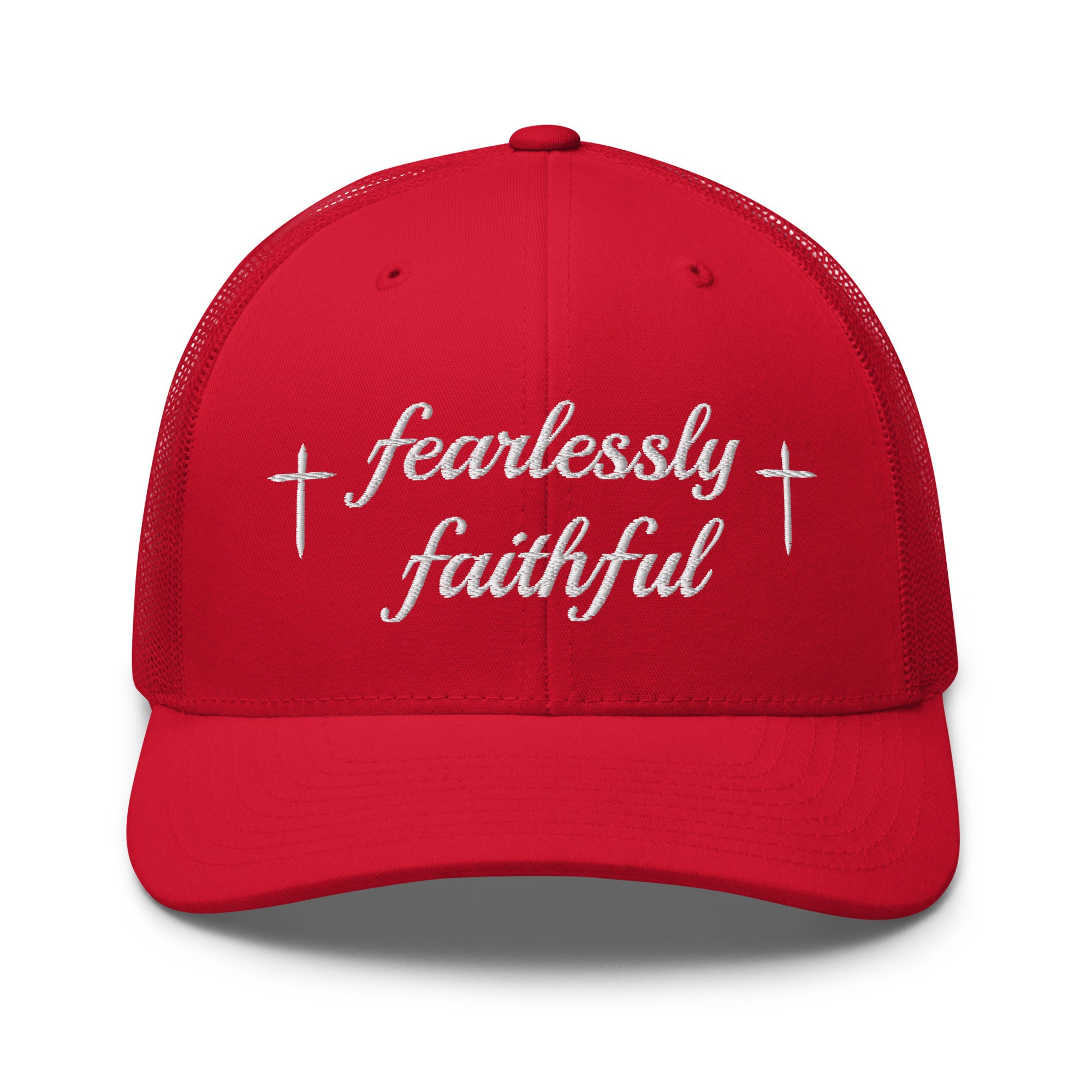 Red cap with 'fearlessly faithful' text on a white background