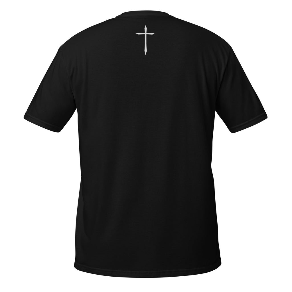 Black t-shirt with a white cross on the back against a white background
