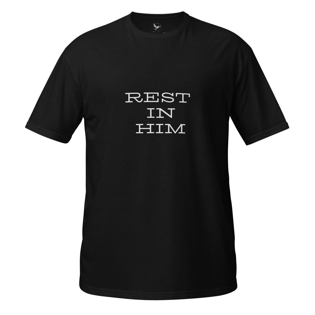 Black t-shirt with 'REST IN HIM' text on a white background