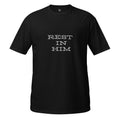 Black t-shirt with 'REST IN HIM' text on a white background