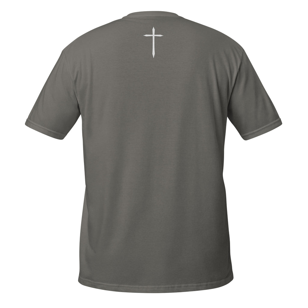 Gray t-shirt with a white cross on the back against a white background