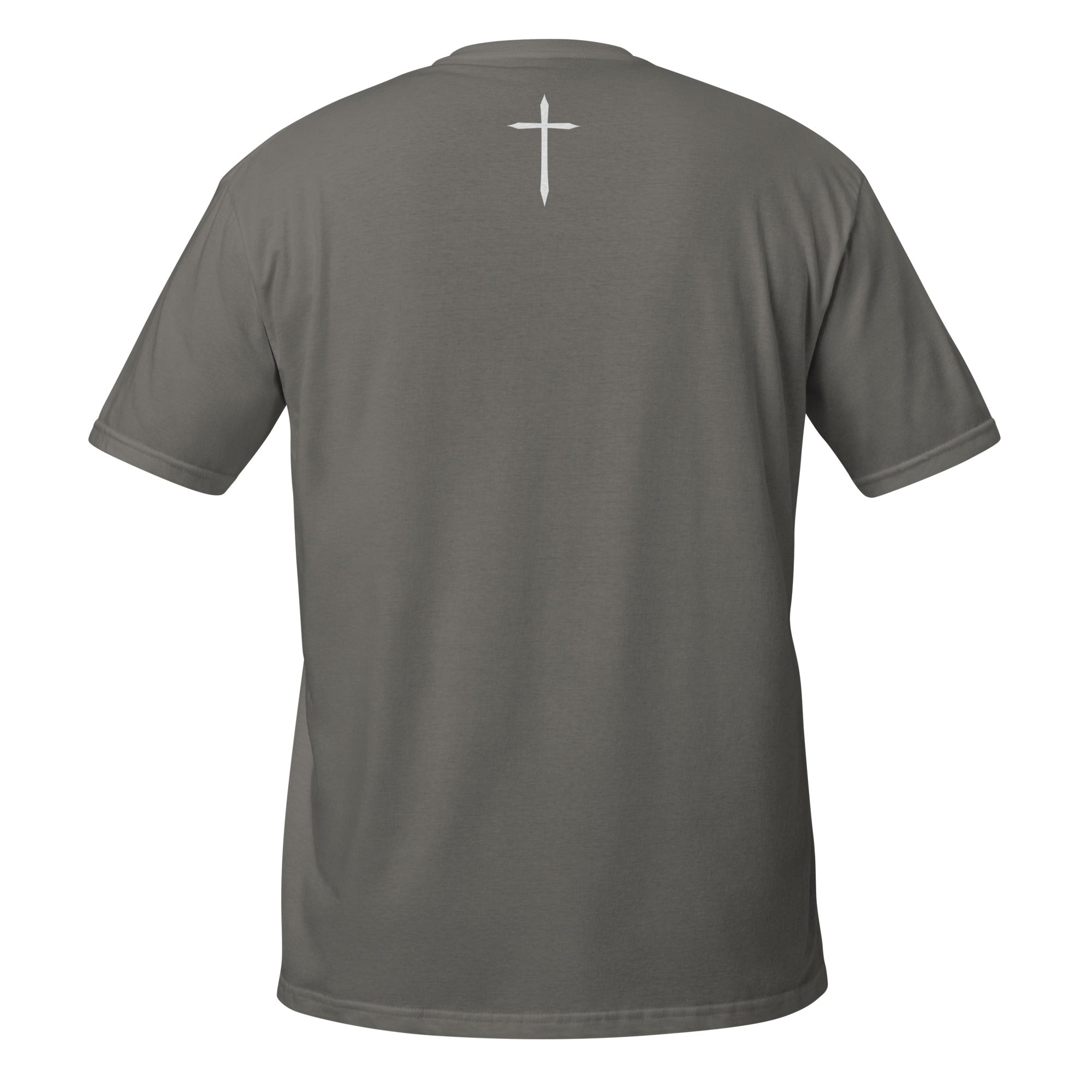 Gray t-shirt with a white cross on the back against a white background