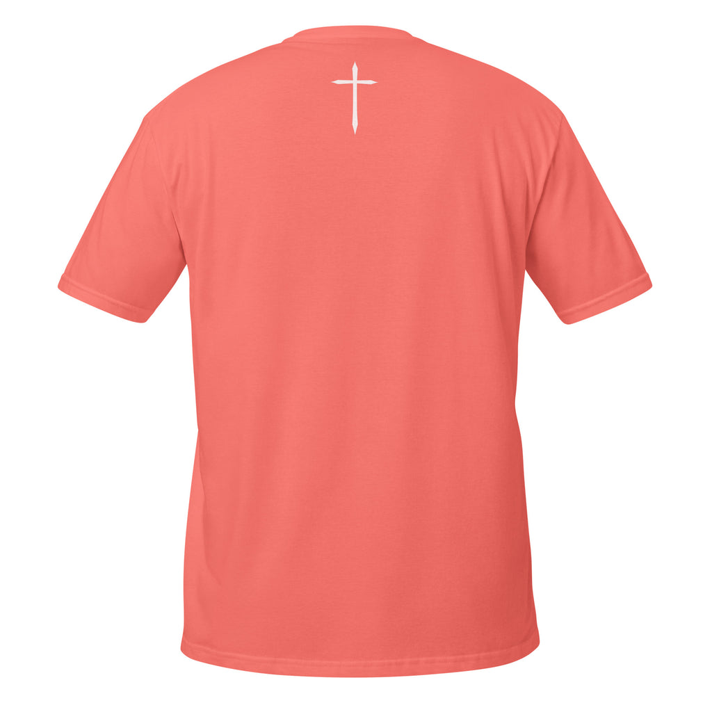 Coral t-shirt with a white cross on the back against a white background