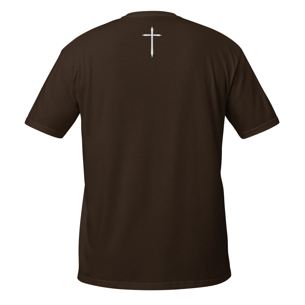 Brown t-shirt with a white cross on the back against a white background