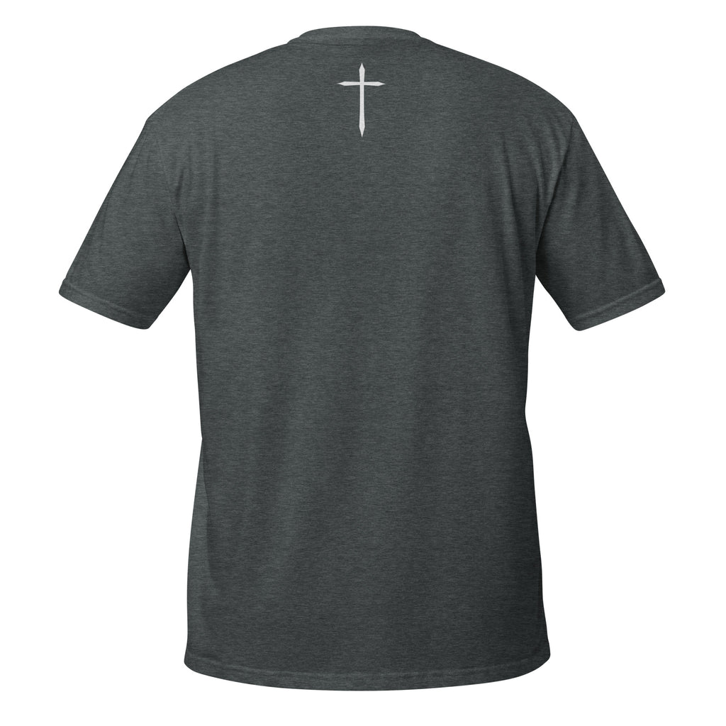 Dark gray t-shirt with a white cross on the back against a white background