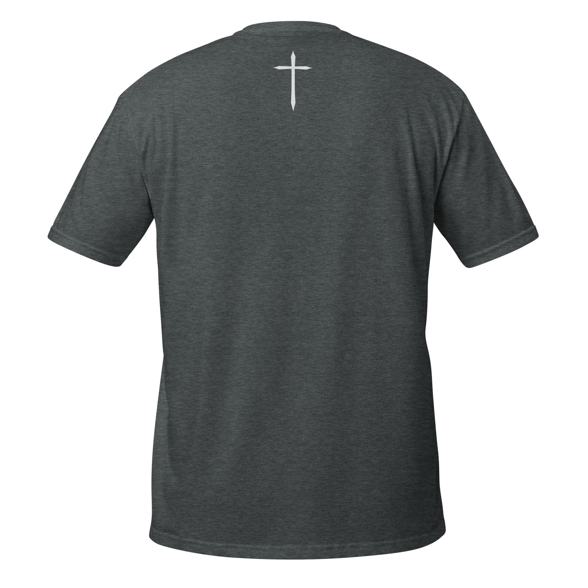 Dark gray t-shirt with a white cross on the back against a white background