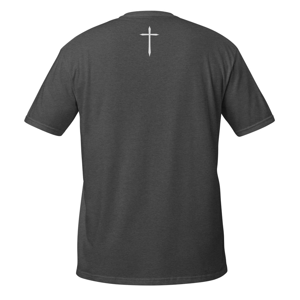 Dark gray t-shirt with a white cross on the back against a white background