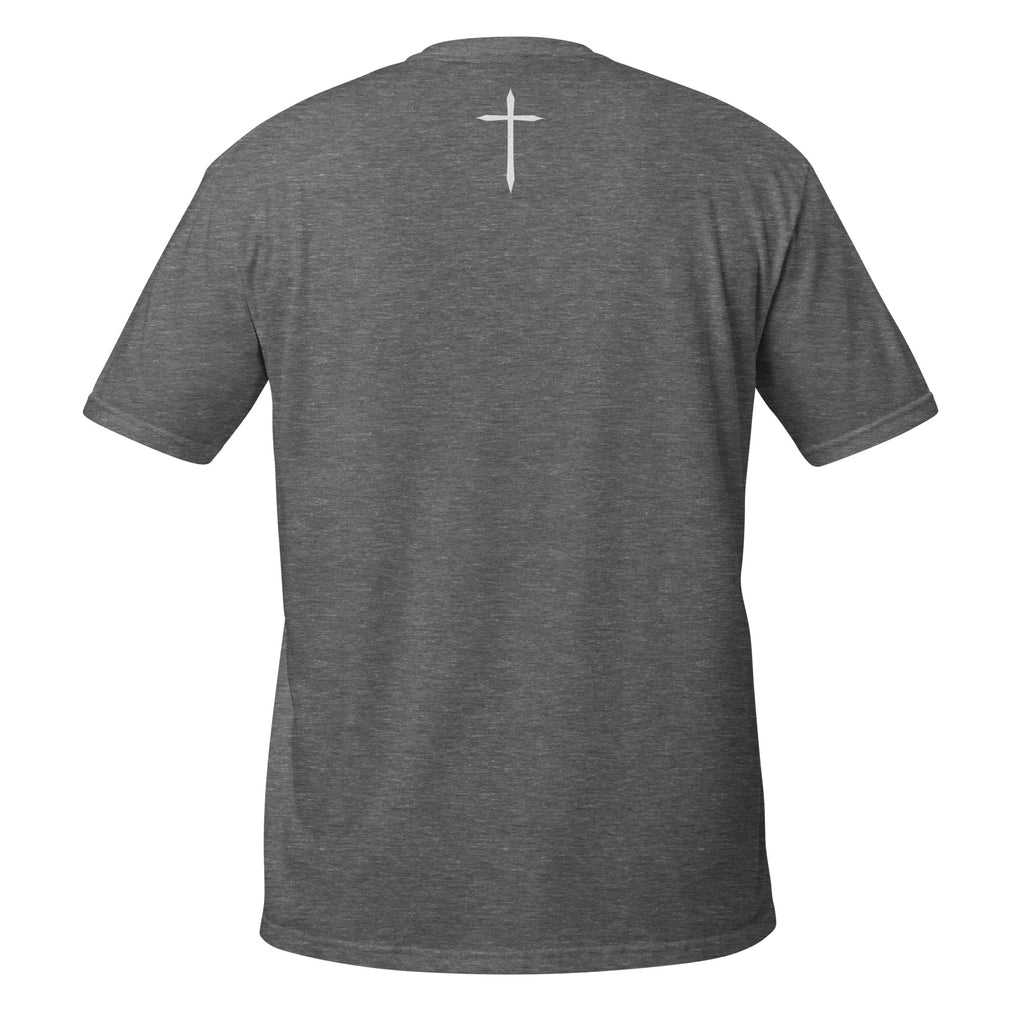 Gray t-shirt with a white cross on the back against a white background
