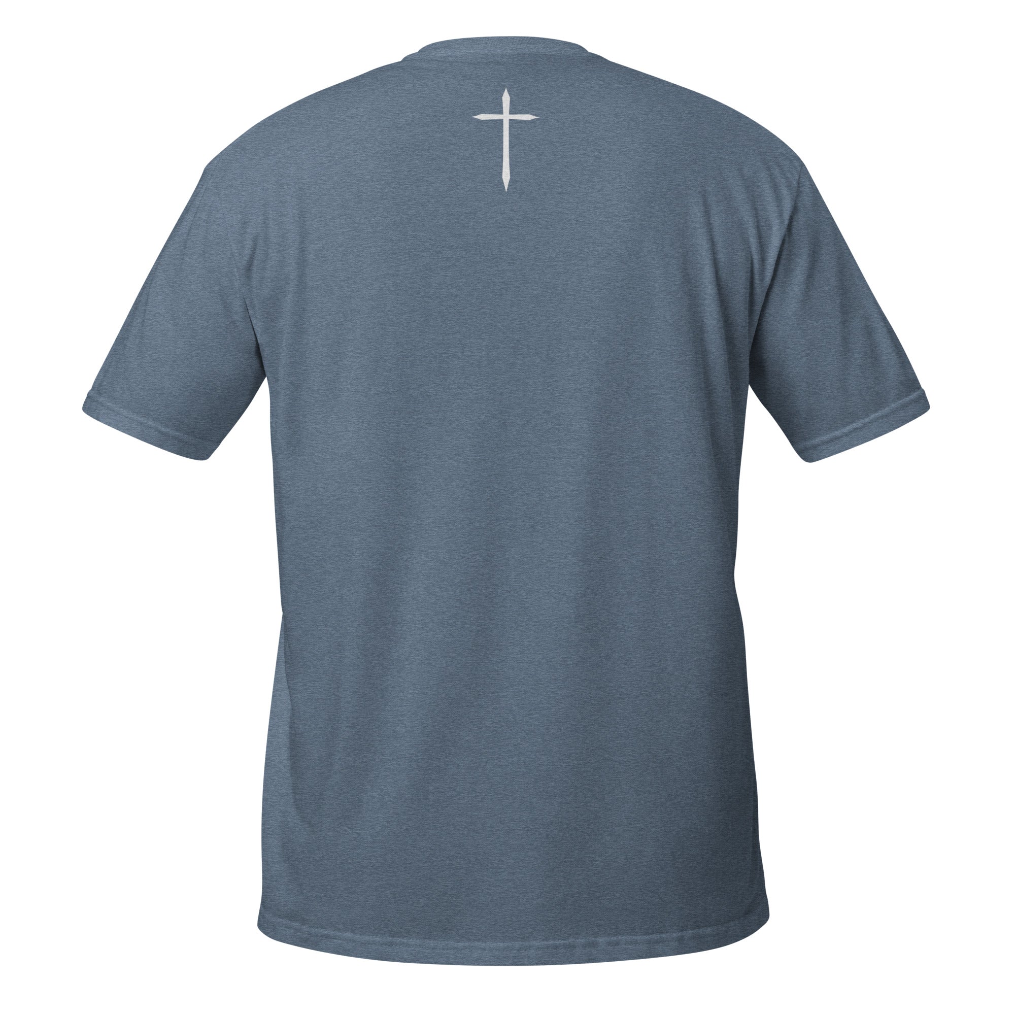Blue t-shirt with a white cross on the back against a white background