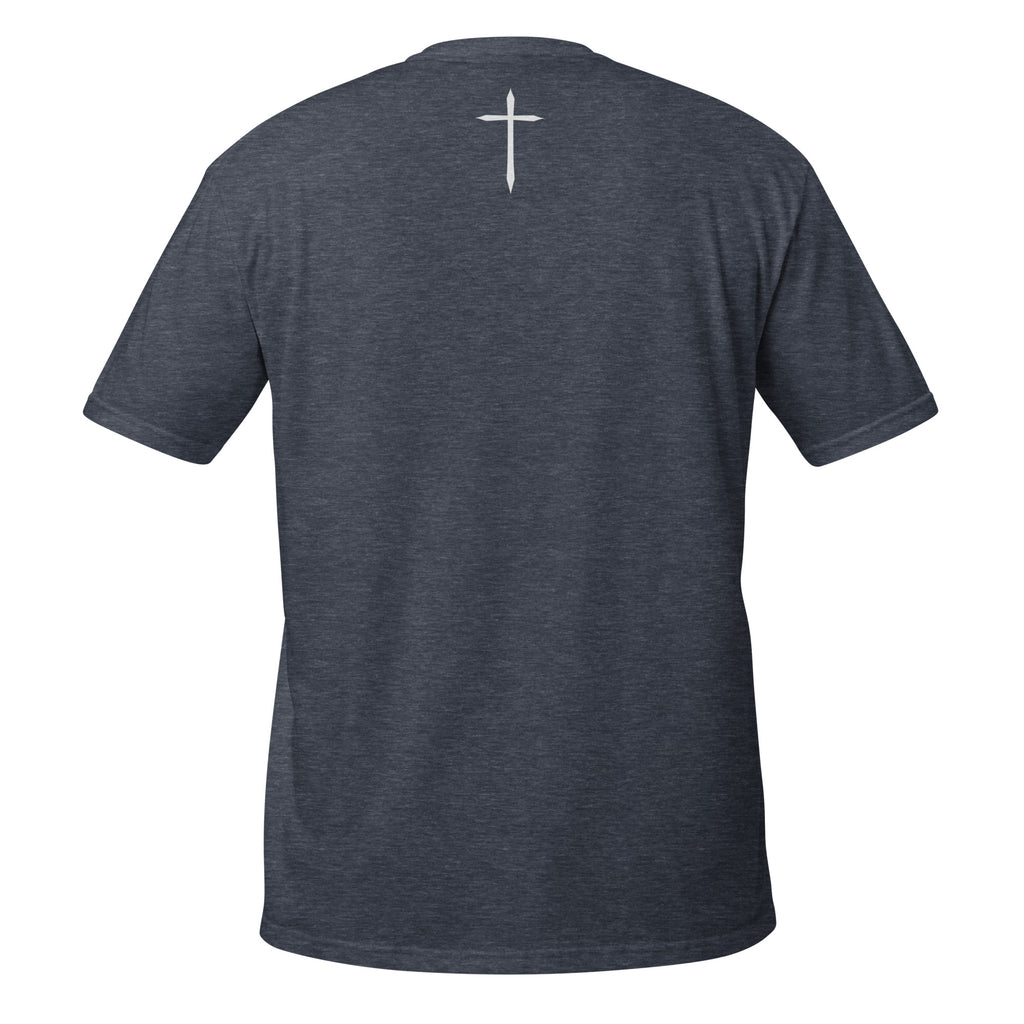 Dark gray t-shirt with a white cross on the back against a white background