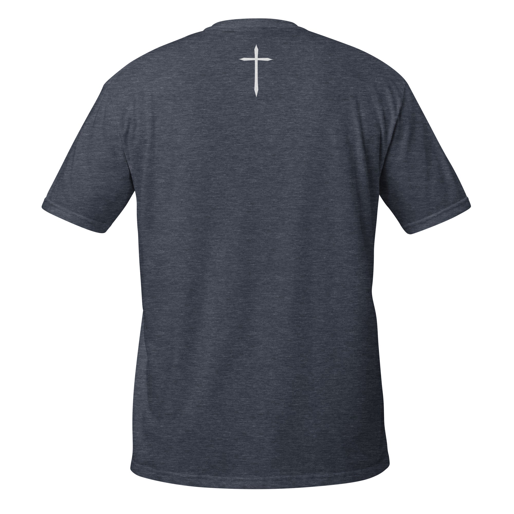 Dark gray t-shirt with a white cross on the back against a white background