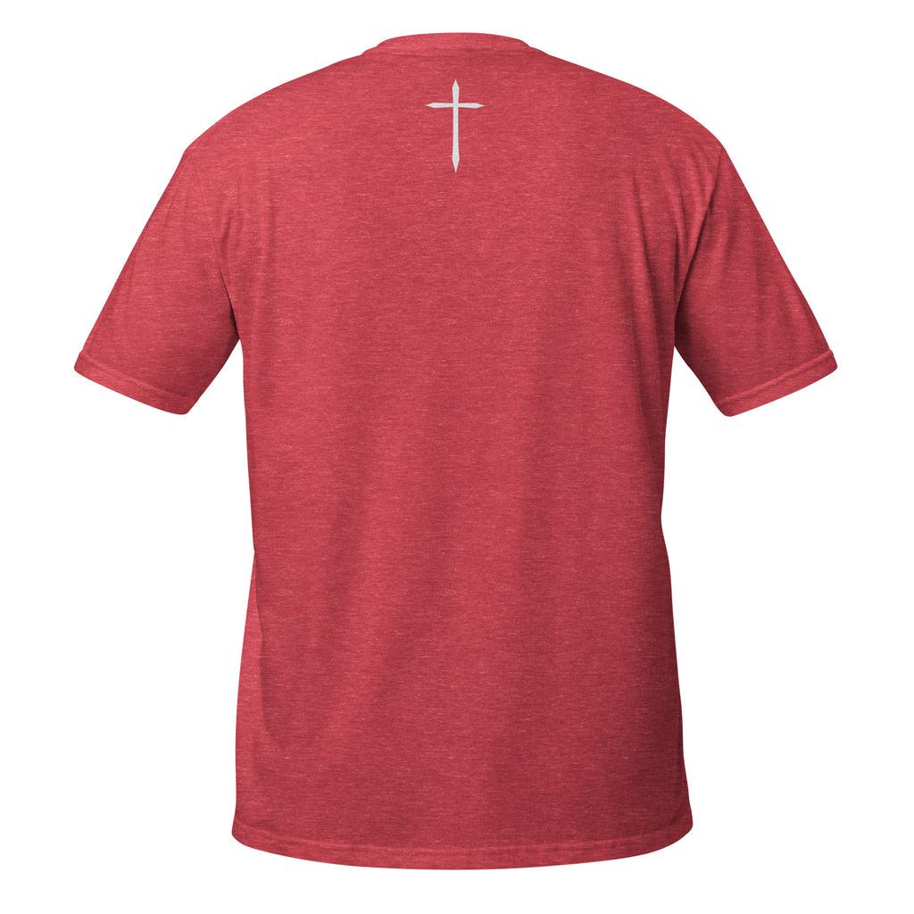 Red t-shirt with a white cross on the back against a white background