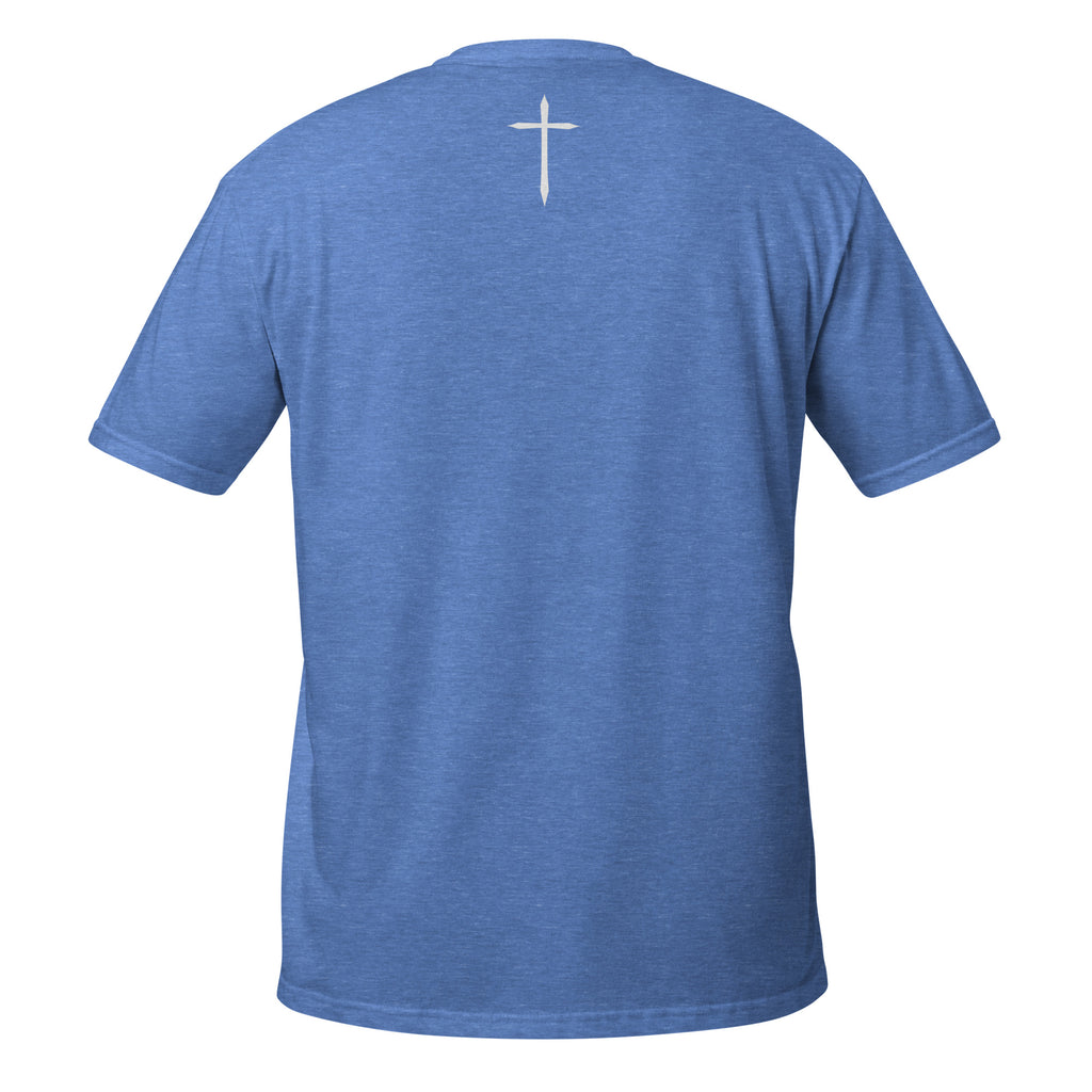 Blue t-shirt with a white cross on the back against a white background