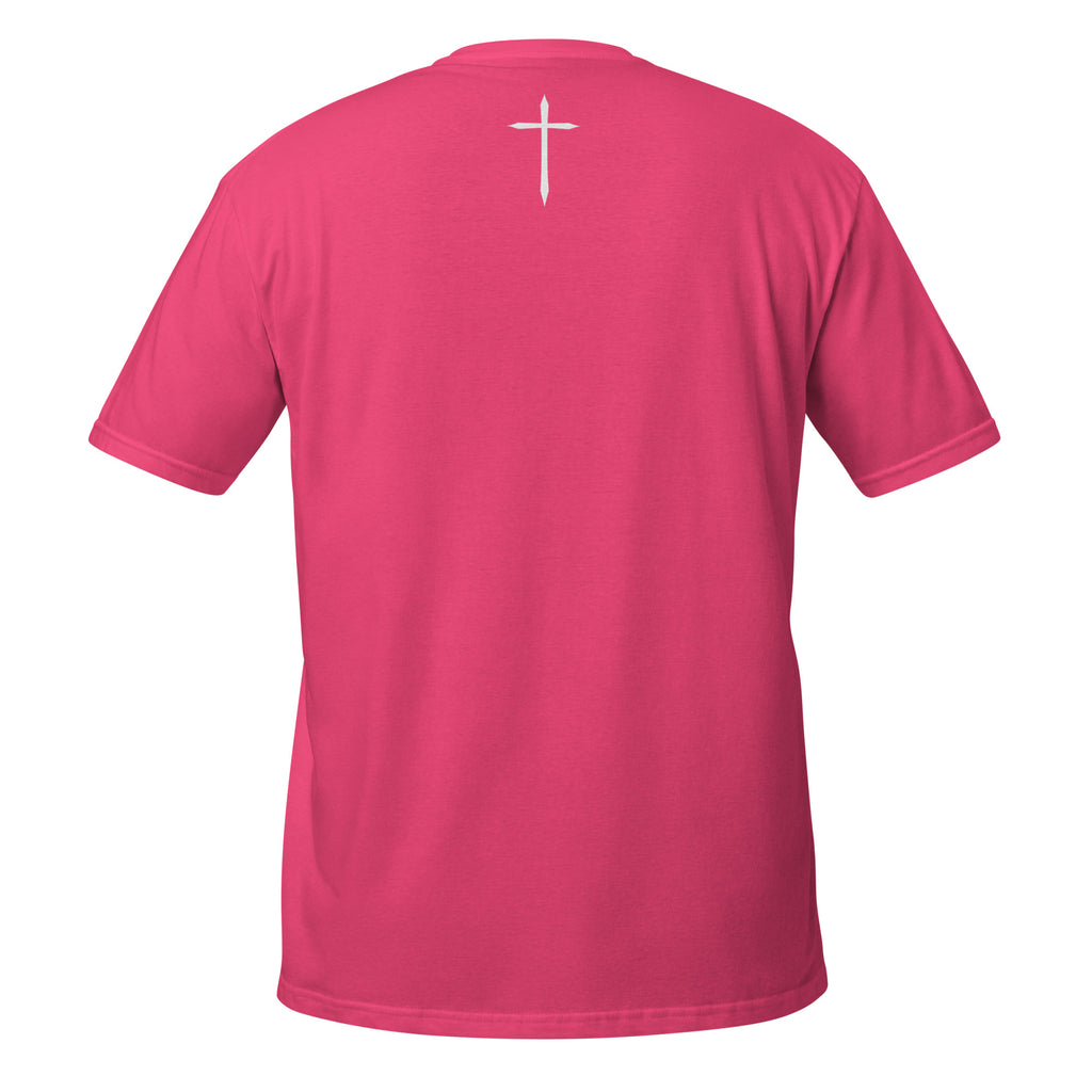 Pink t-shirt with a white cross on the back against a white background
